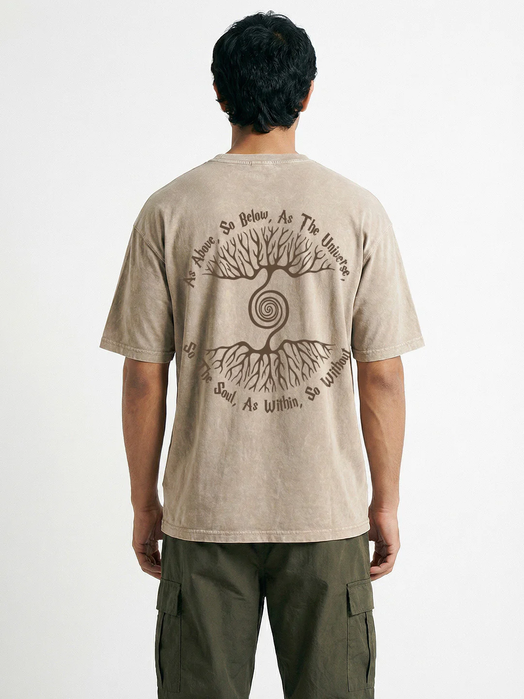 As Above So Below Acid Wash Graphic Printed Oversized T-Shirt - Quick Sand - Image 2