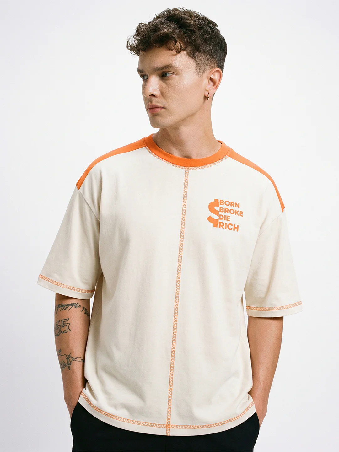 Born Broke Die Rich Oversized T-Shirt - Off White & Orange - Image 2