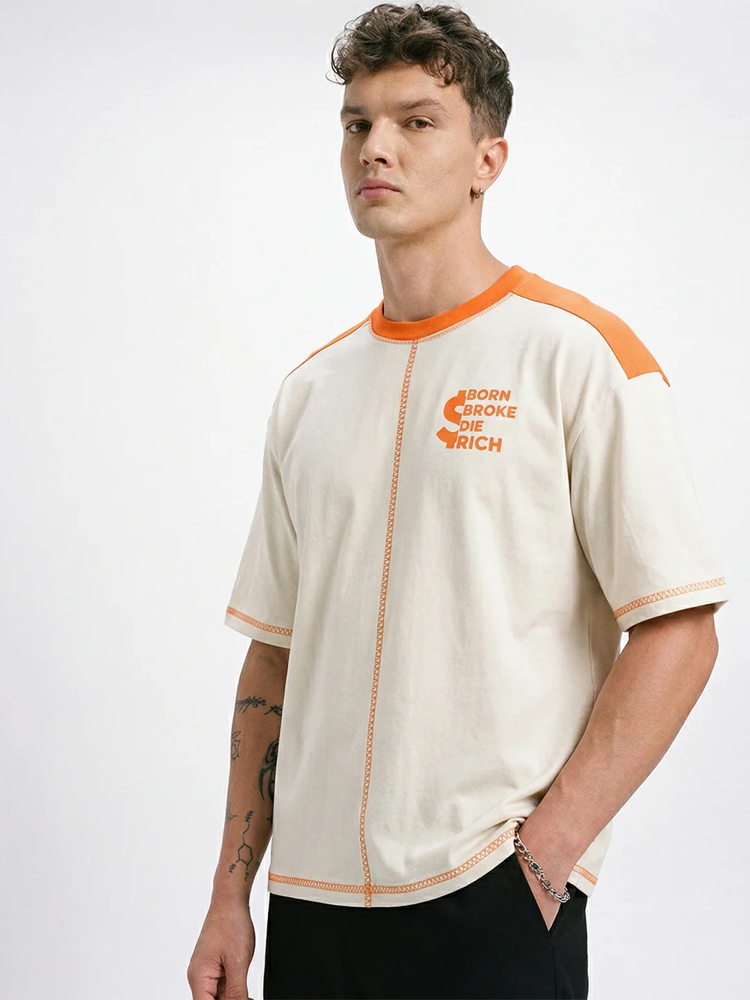 Born Broke Die Rich Oversized T-Shirt - Off White & Orange - Image 3