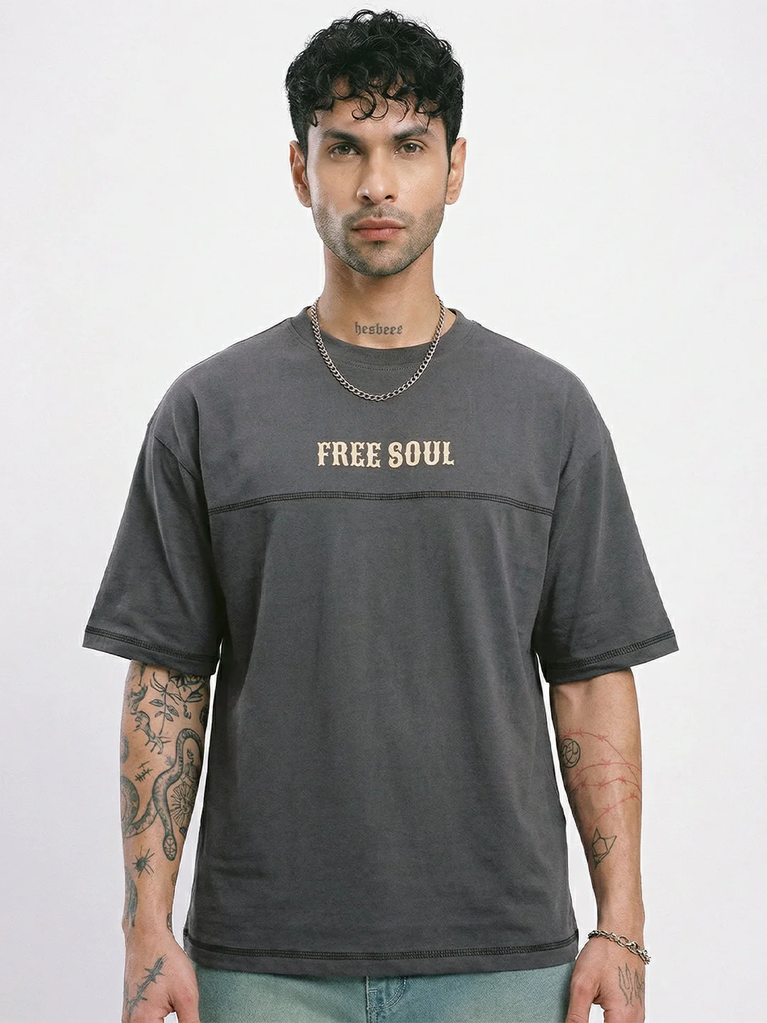 Free Soul Graphic Printed Oversized T-Shirt 5 Thread - Steel Grey - Image 2