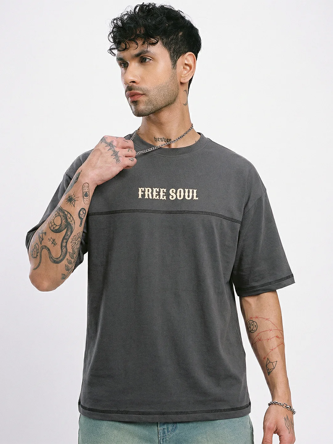 Free Soul Graphic Printed Oversized T-Shirt 5 Thread - Steel Grey - Image 3