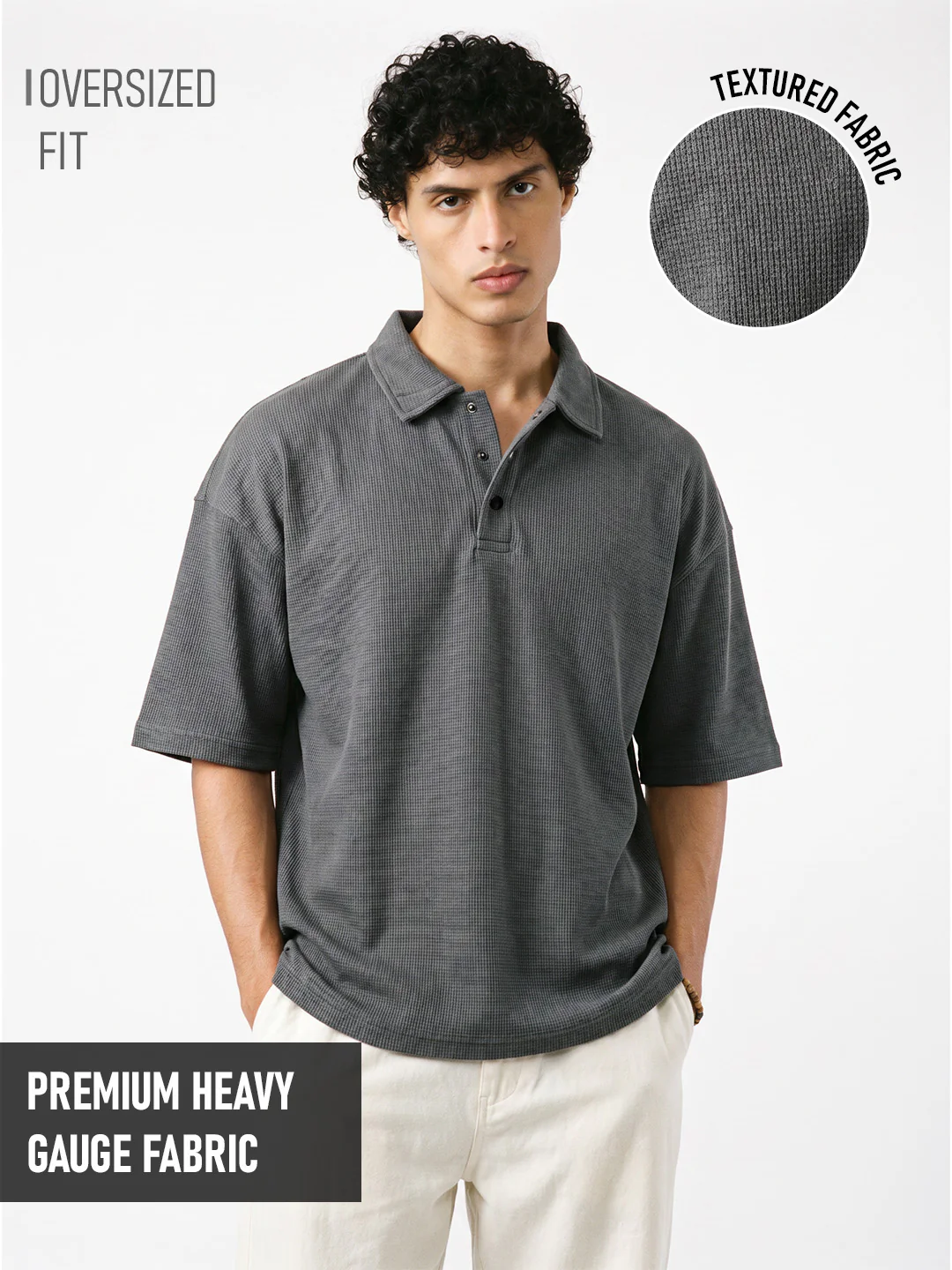 Gun Metal Button Oversized Polo T-Shirt - Dark Grey