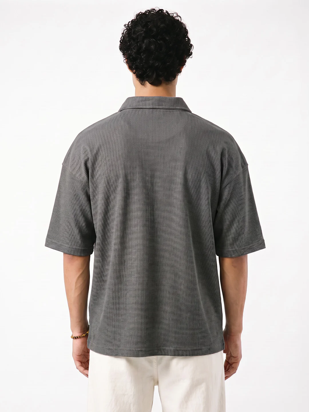 Gun Metal Button Oversized Polo T-Shirt - Dark Grey - Image 2