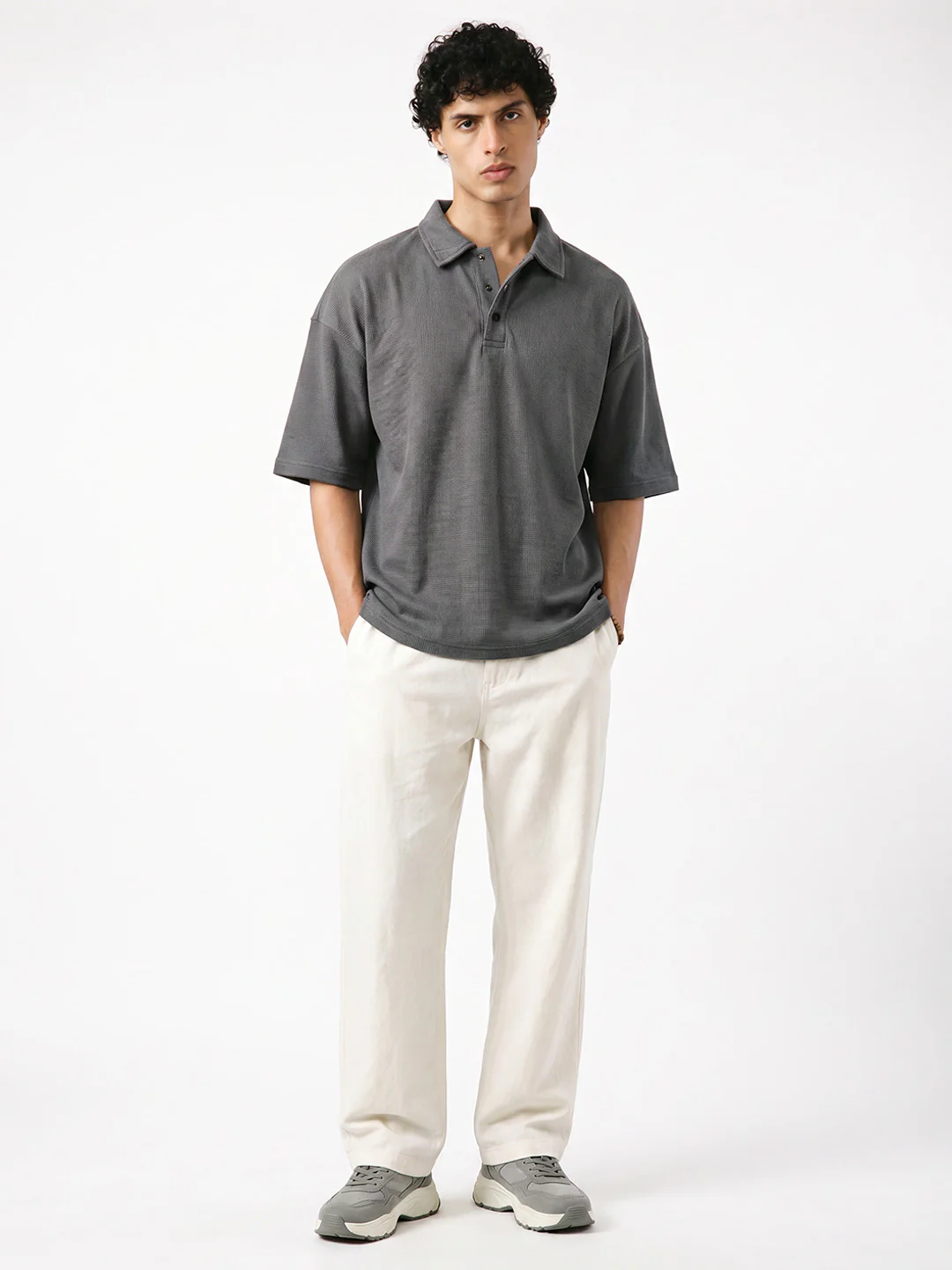 Gun Metal Button Oversized Polo T-Shirt - Dark Grey - Image 3