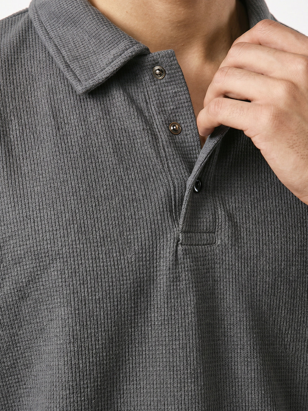 Gun Metal Button Oversized Polo T-Shirt - Dark Grey - Image 4