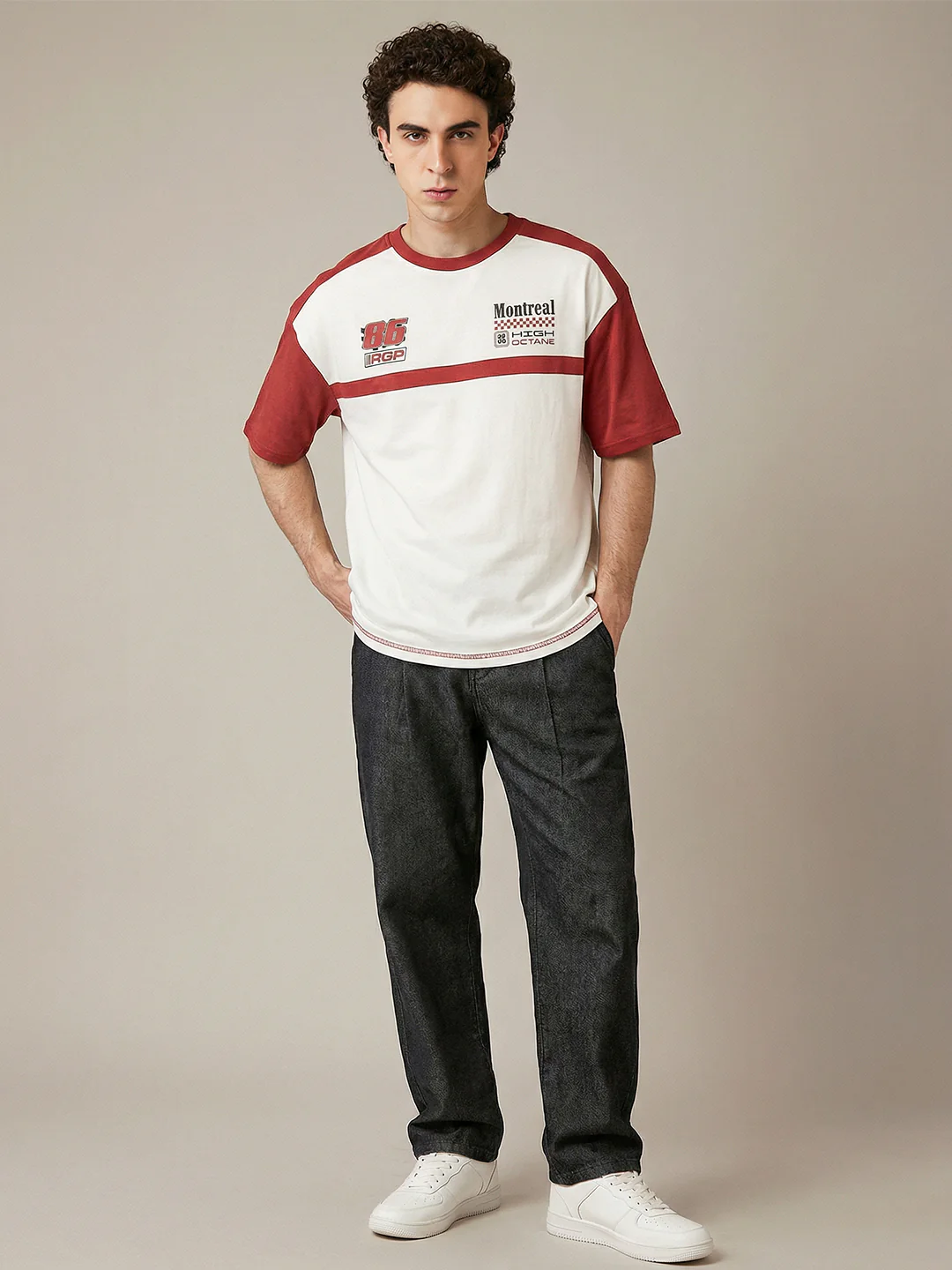 High Octane Oversized T-Shirt -Red & Off White - Image 3