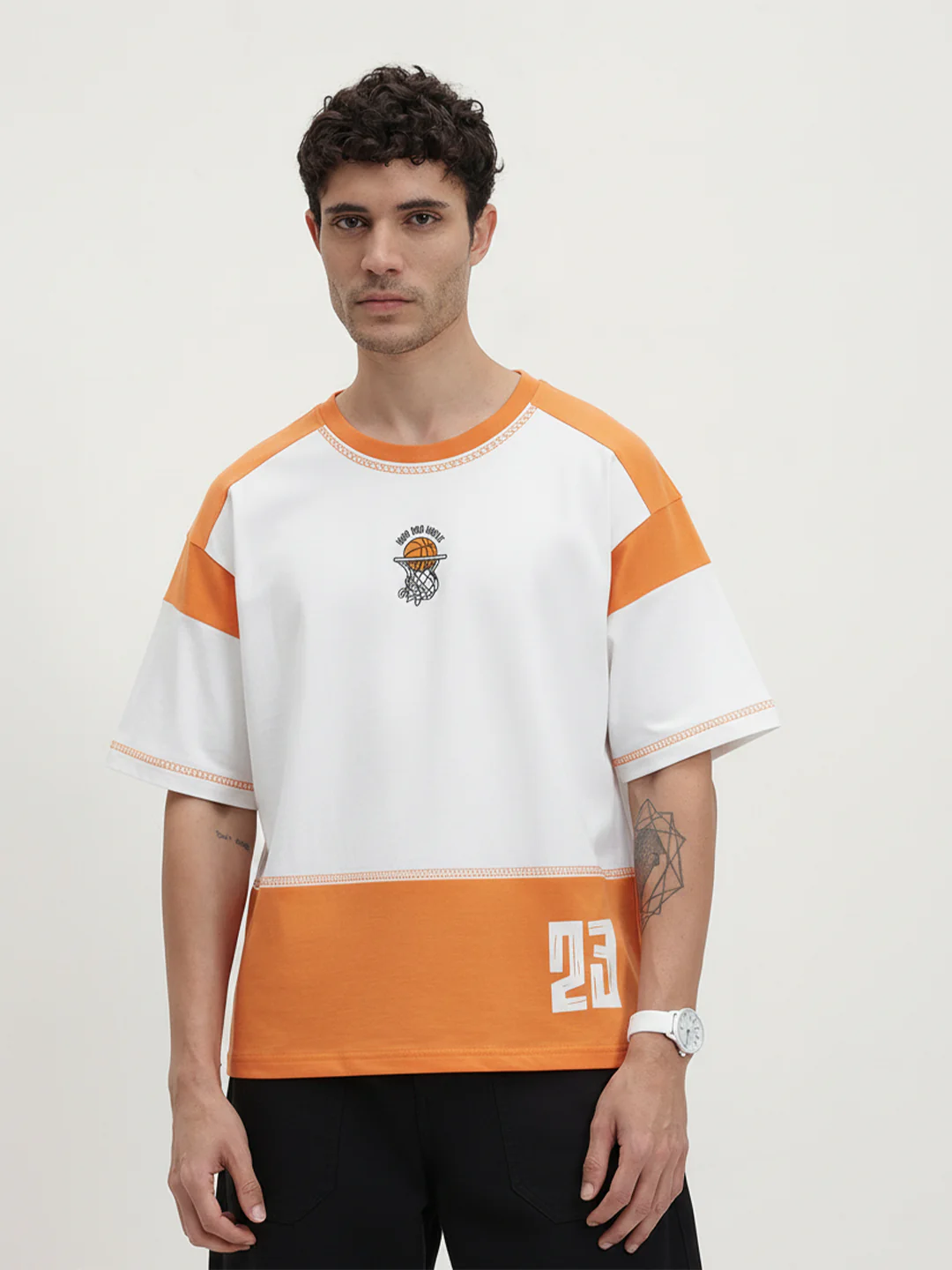 Hoop And Hustle Oversized T-Shirt- Orange & White - Image 2
