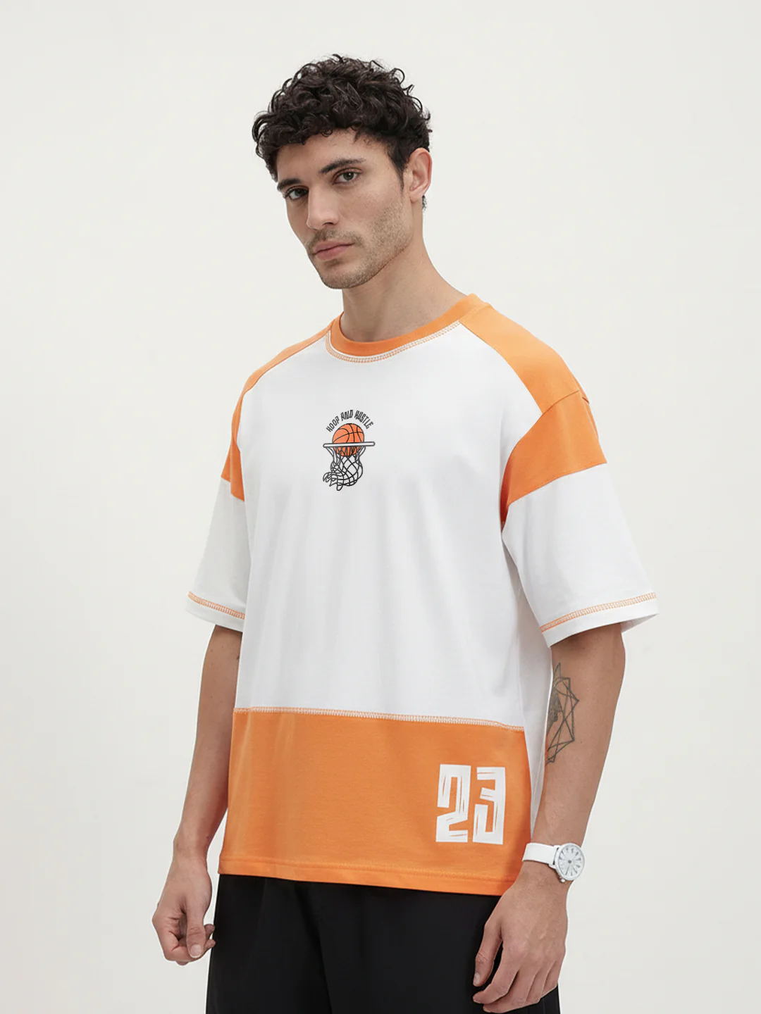 Hoop And Hustle Oversized T-Shirt- Orange & White - Image 3