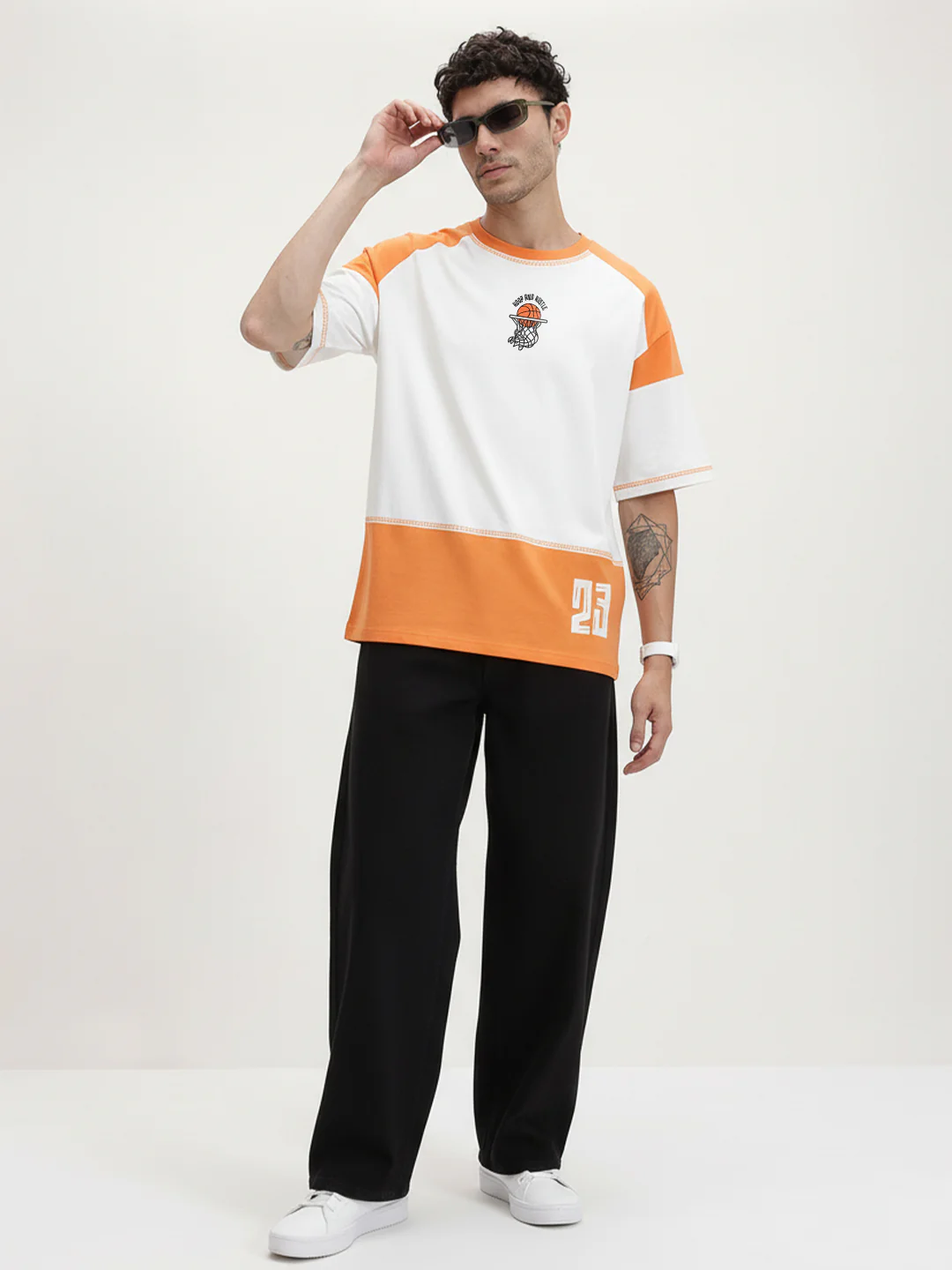 Hoop And Hustle Oversized T-Shirt- Orange & White - Image 4