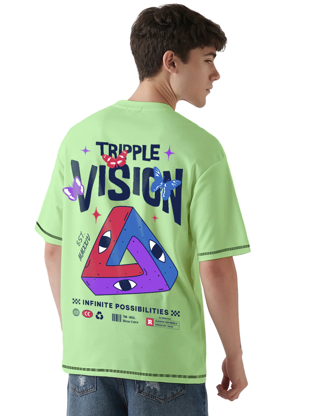 Infinite Possibility Contrast Thread Graphic Printed  Oversized T-Shirt - Pista Green