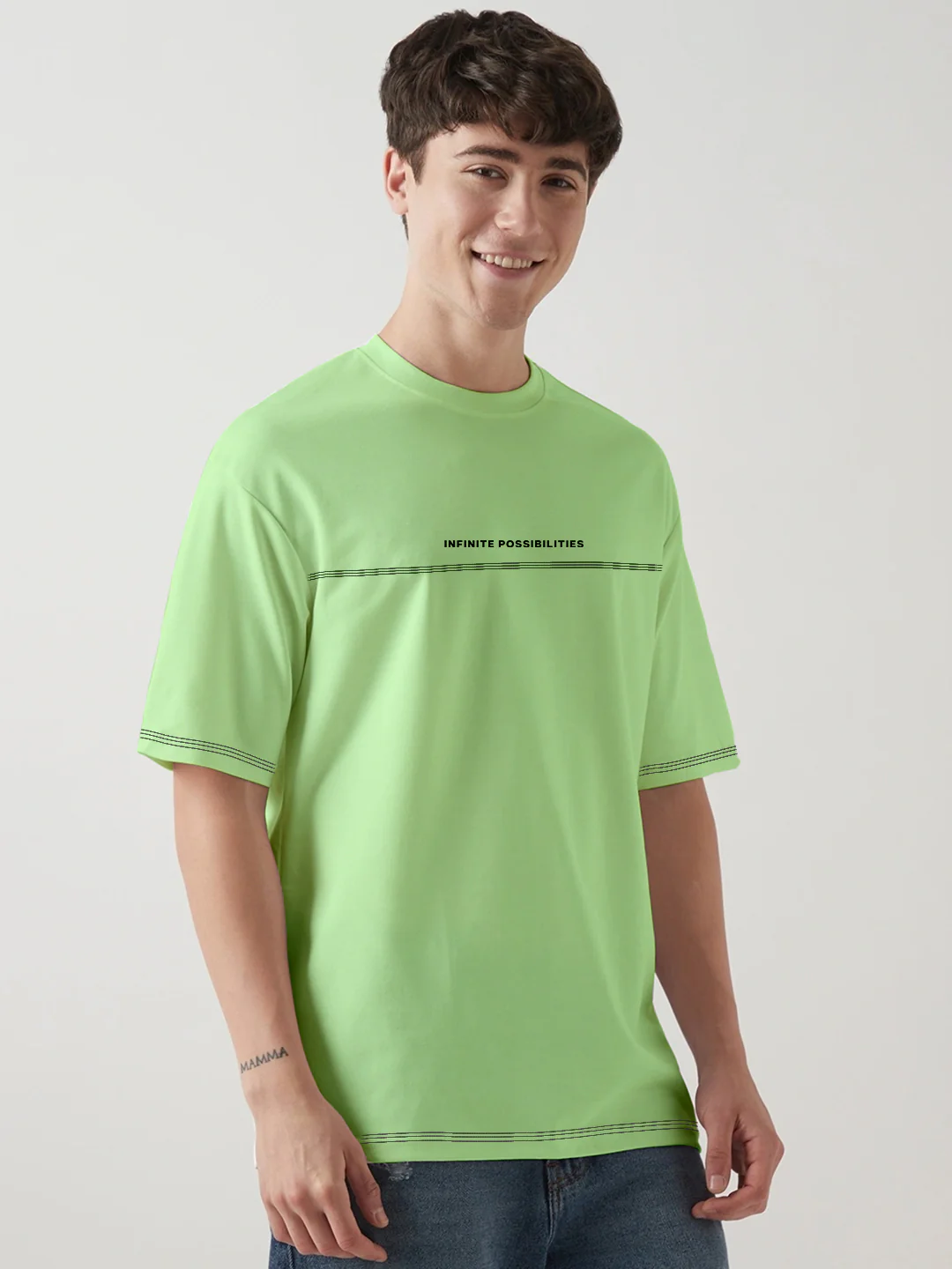 Infinite Possibility Contrast Thread Graphic Printed  Oversized T-Shirt - Pista Green - Image 2
