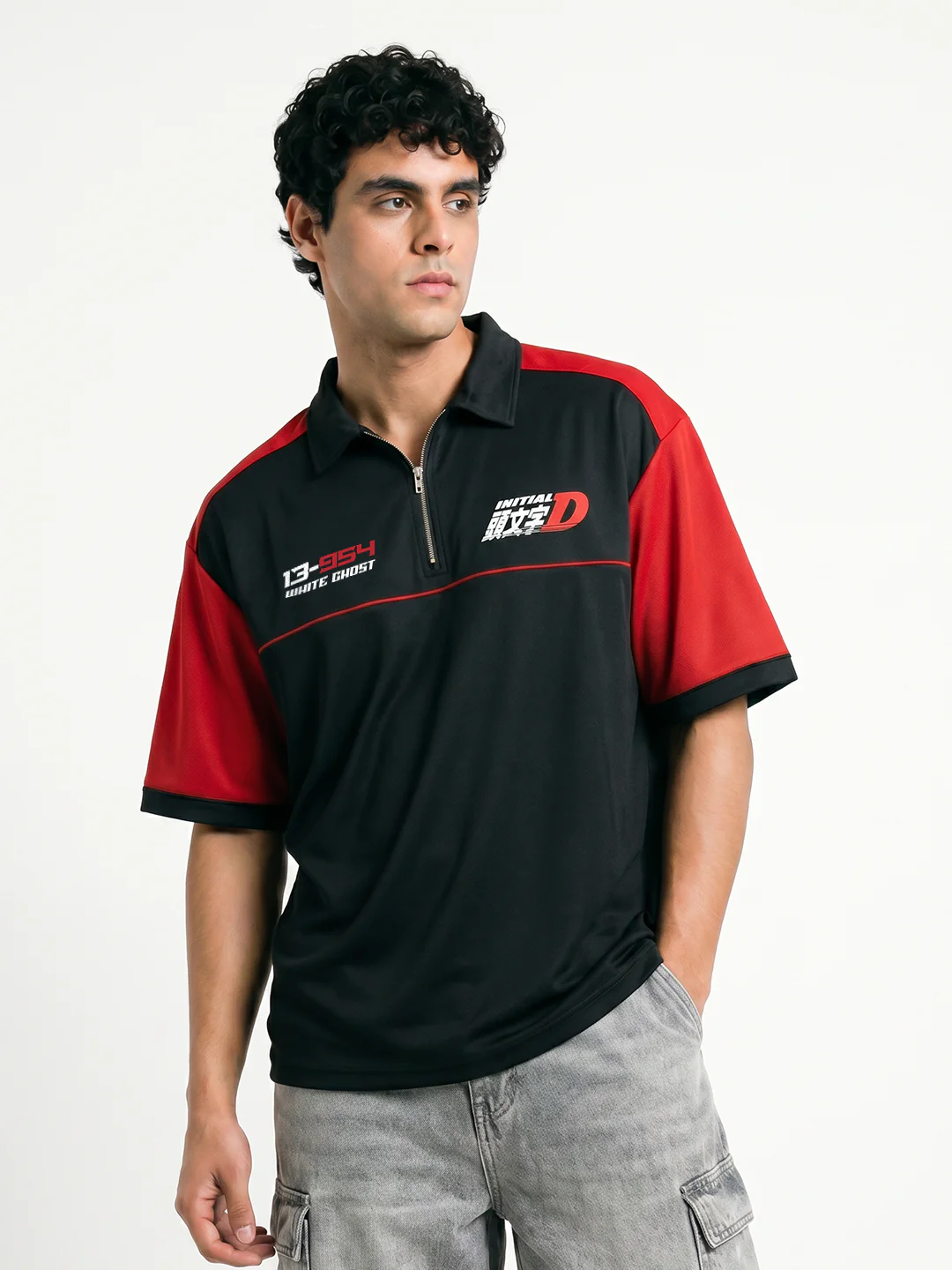 Polo - Initial D Oversized Polo T-Shirt - Red & Black - Image 2