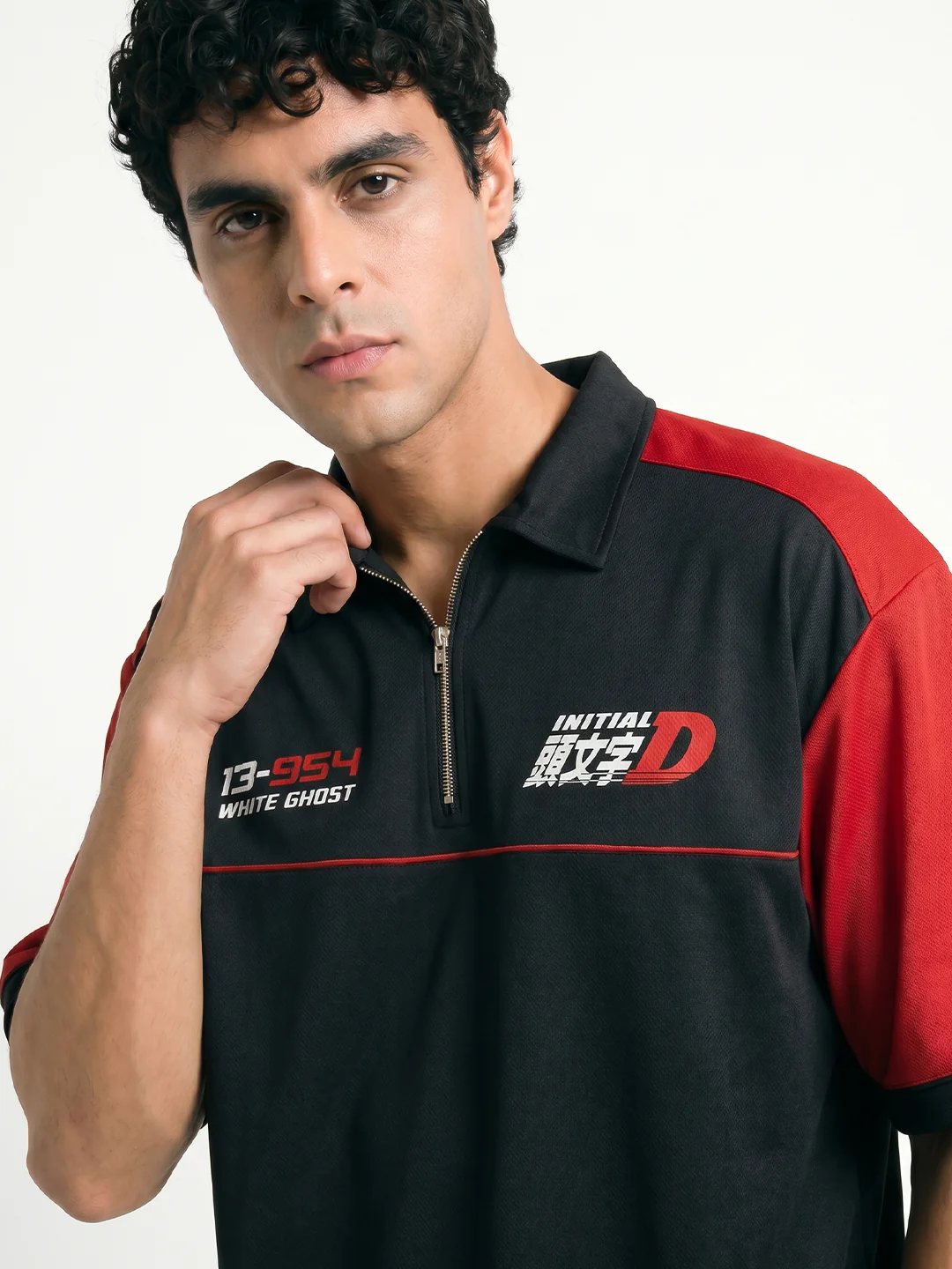 Polo - Initial D Oversized Polo T-Shirt - Red & Black - Image 4