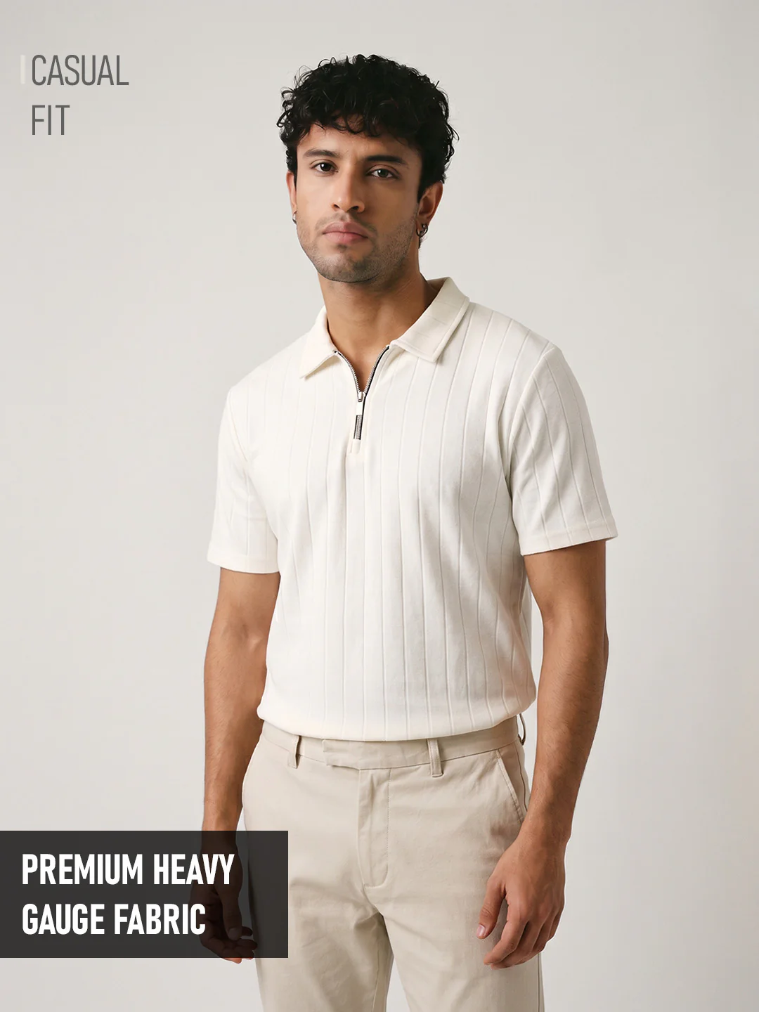 Mono Line Zipper Regular Polo T-Shirt - Off White