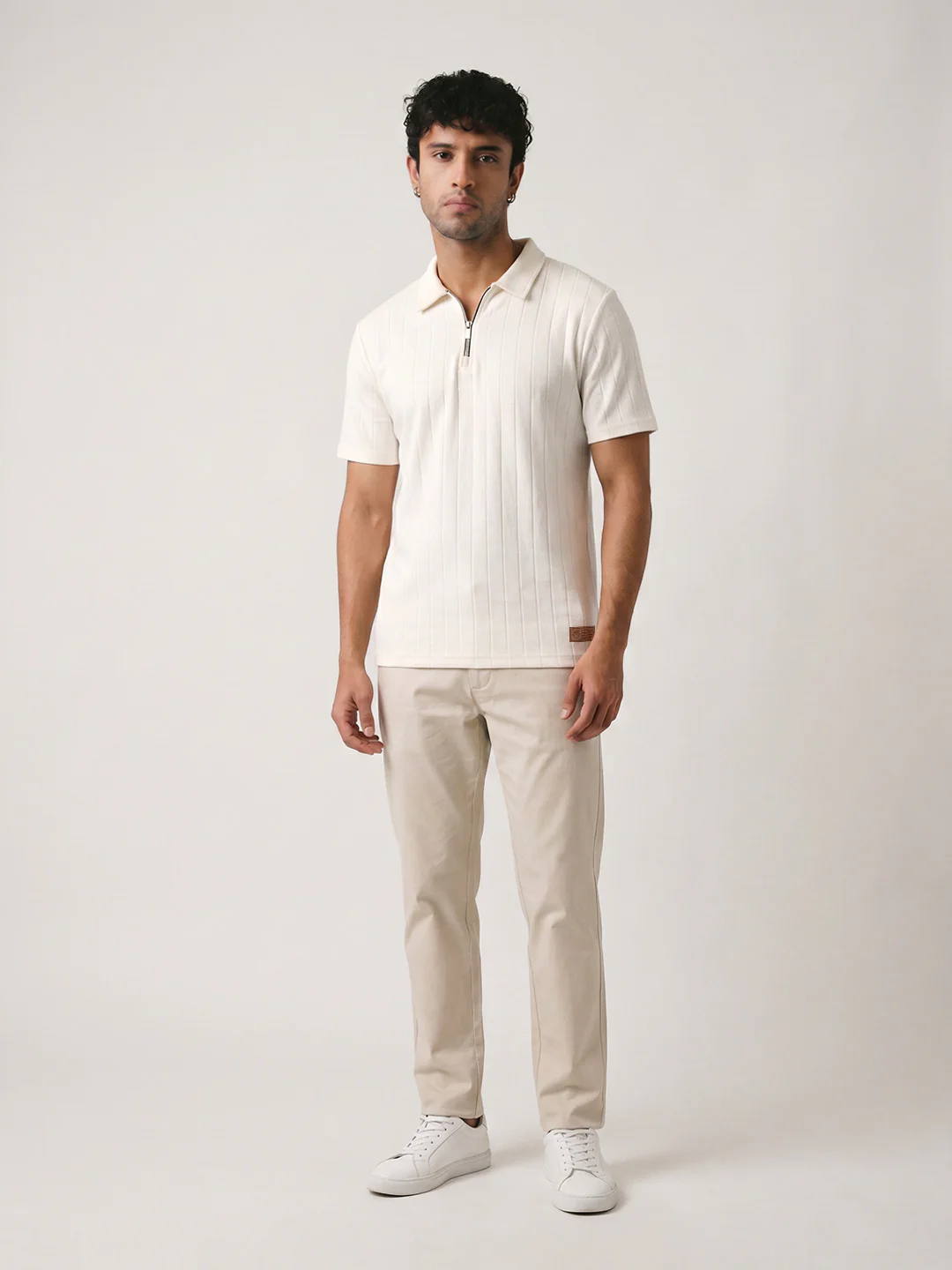 Mono Line Zipper Regular Polo T-Shirt - Off White - Image 3