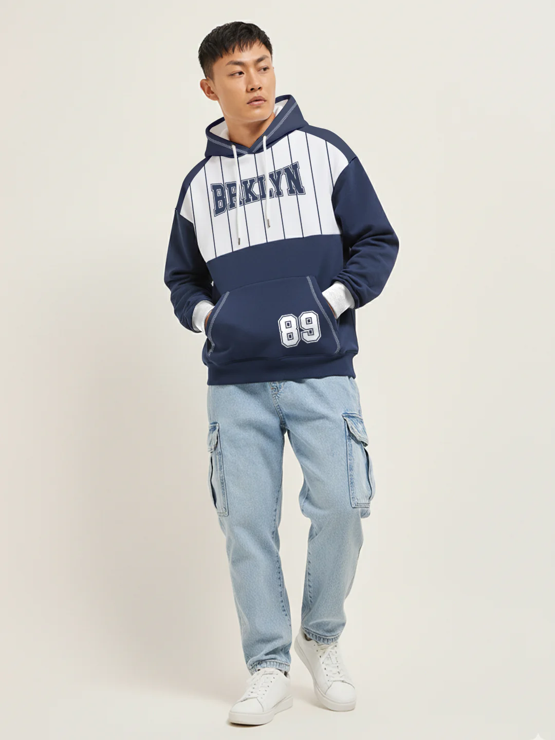 Brooklyn Oversized Hoodie - White & Navy Blue - Image 3