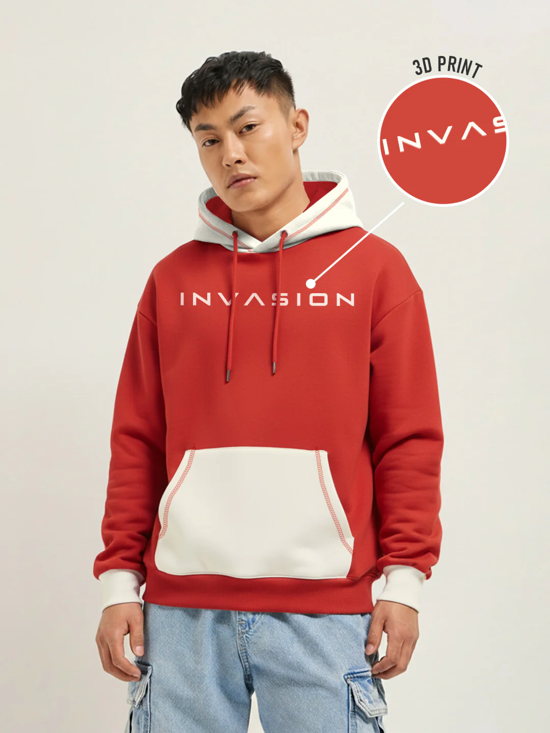 Invasion Oversized Hoodie - Red & Off White - Image 2