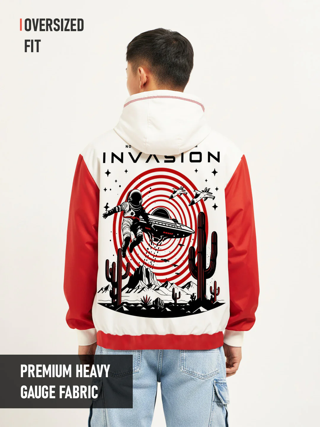 Invasion Oversized Hoodie - Red & Off White - Image 3