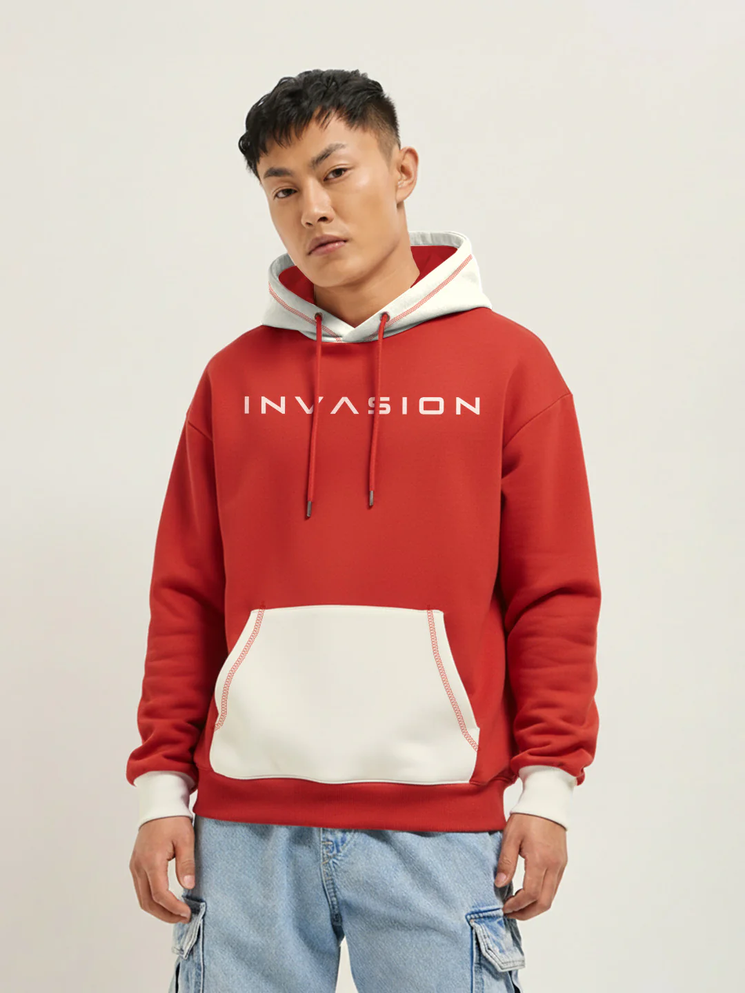Invasion Oversized Hoodie - Red & Off White - Image 4