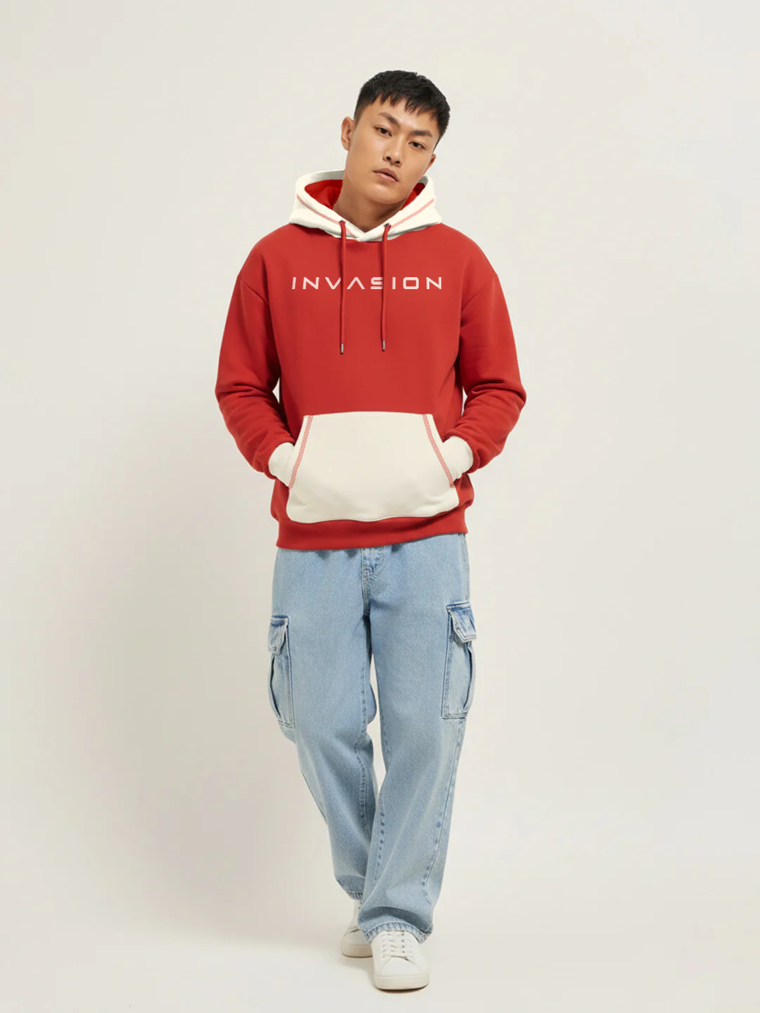Invasion Oversized Hoodie - Red & Off White - Image 6