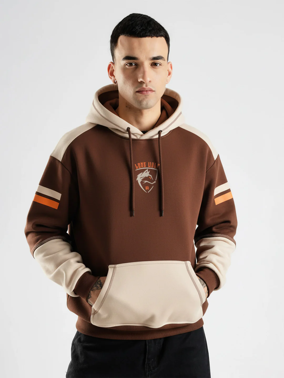Lone Wolf Oversized Hoodie - Brown & Beige - Image 2