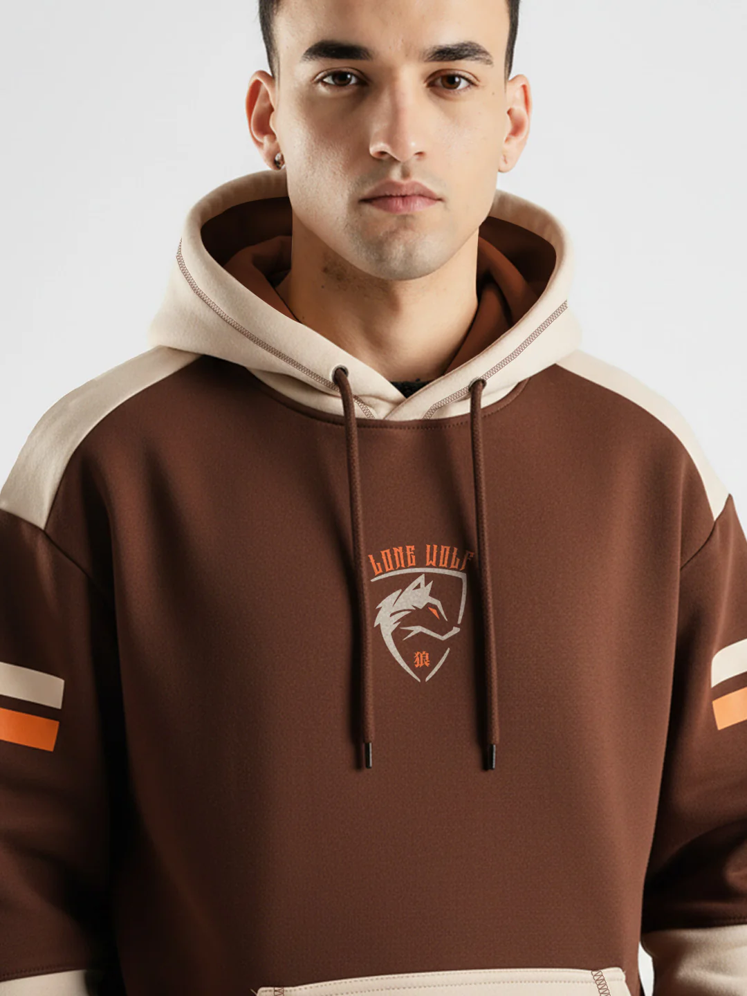 Lone Wolf Oversized Hoodie - Brown & Beige - Image 5