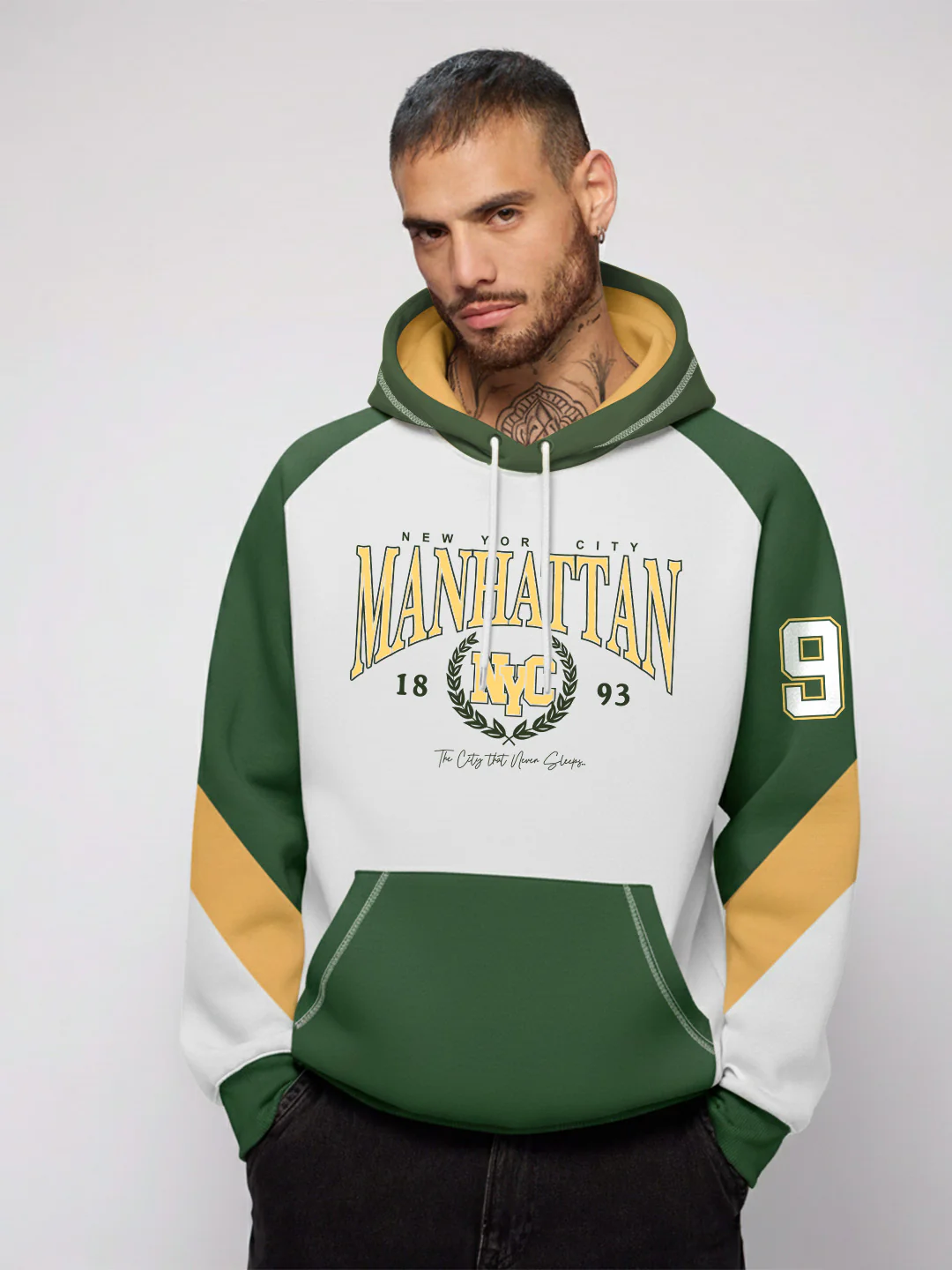 Manhattan Oversized Hoodie - Off White, Green & Yellow - Image 2