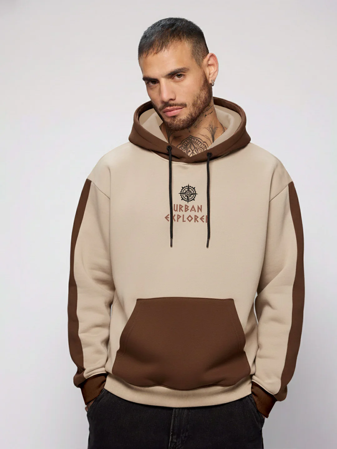 Urban Explorer Oversized Hoodie - Brown & Beige - Image 2