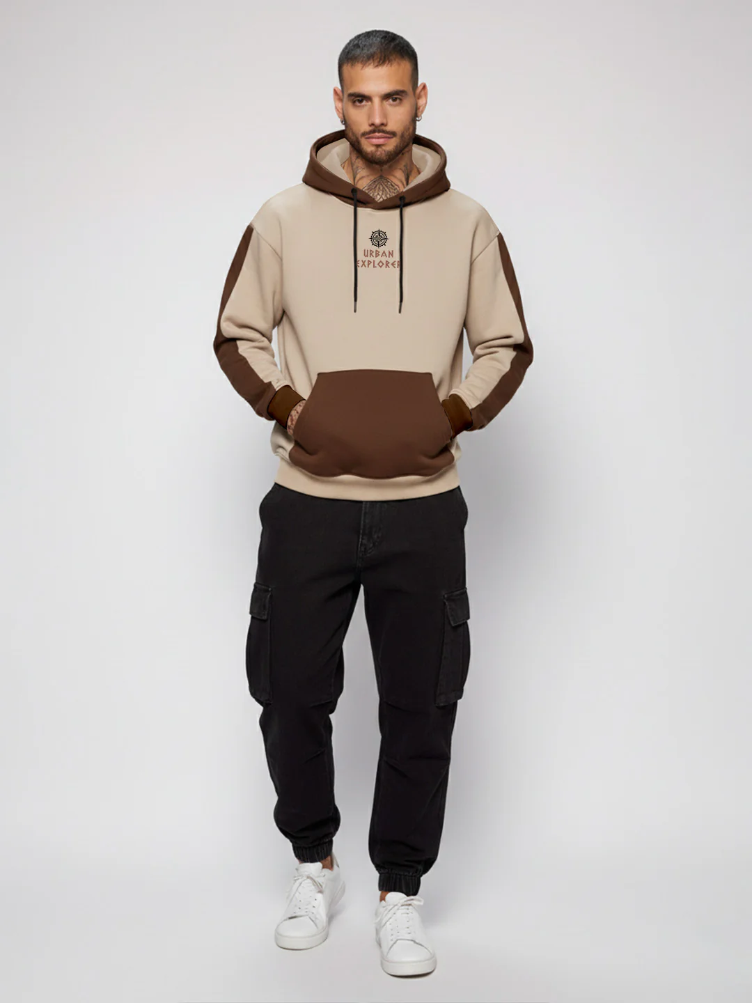 Urban Explorer Oversized Hoodie - Brown & Beige - Image 4