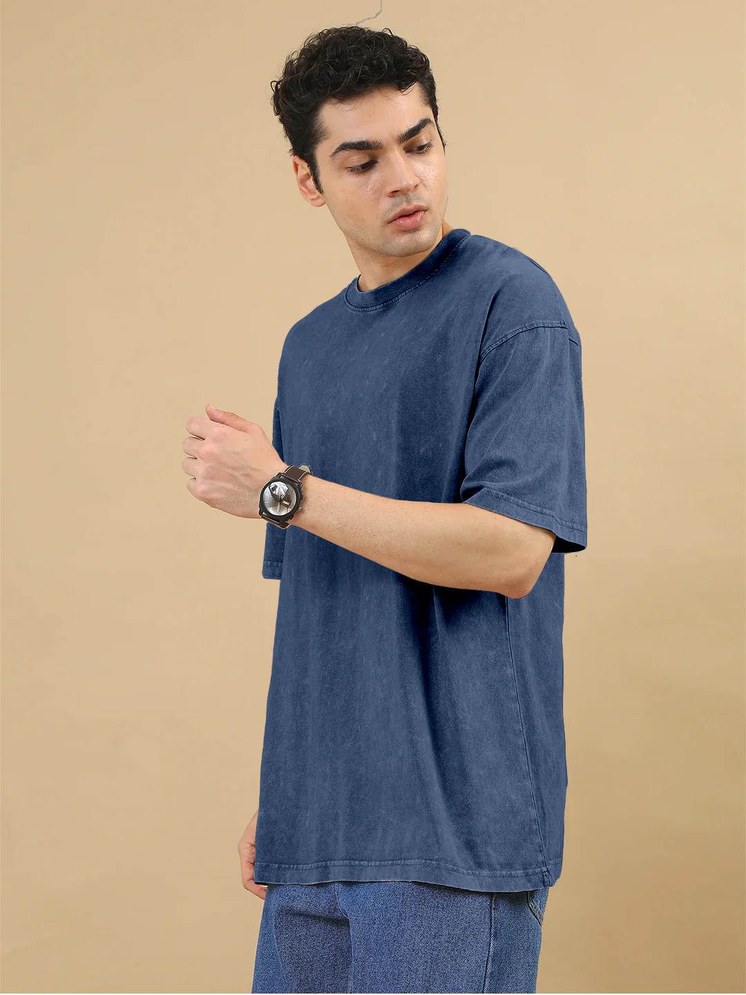 Plain Acid Wash Oversized T-Shirt - Navy Blue - Image 3
