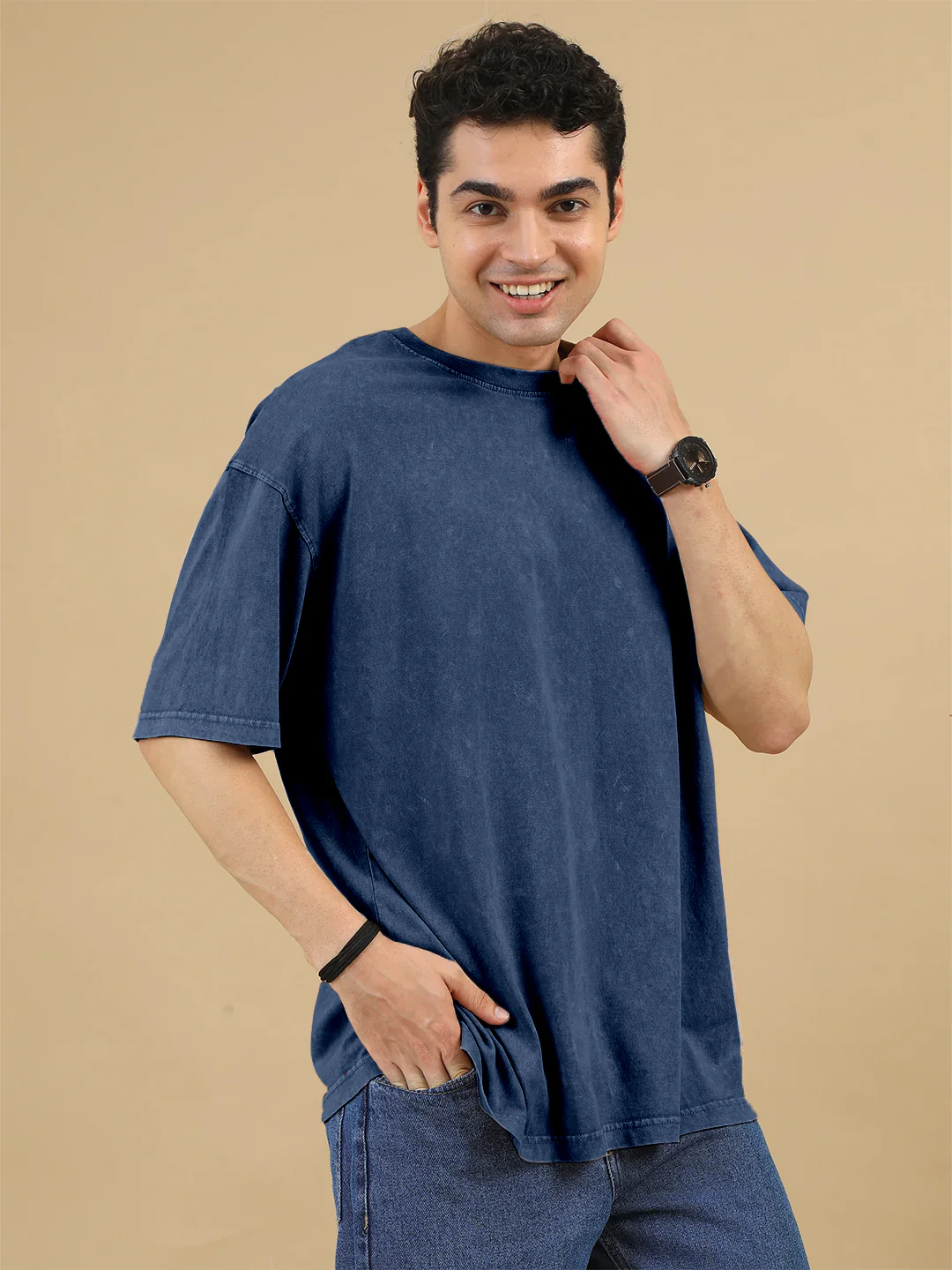 Plain Acid Wash Oversized T-Shirt - Navy Blue - Image 4