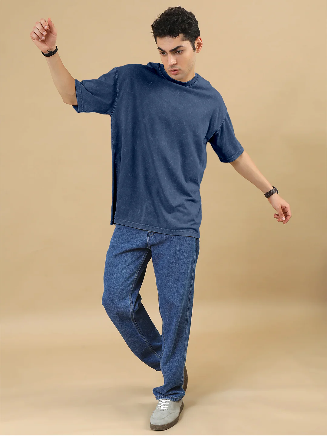 Plain Acid Wash Oversized T-Shirt - Navy Blue - Image 5