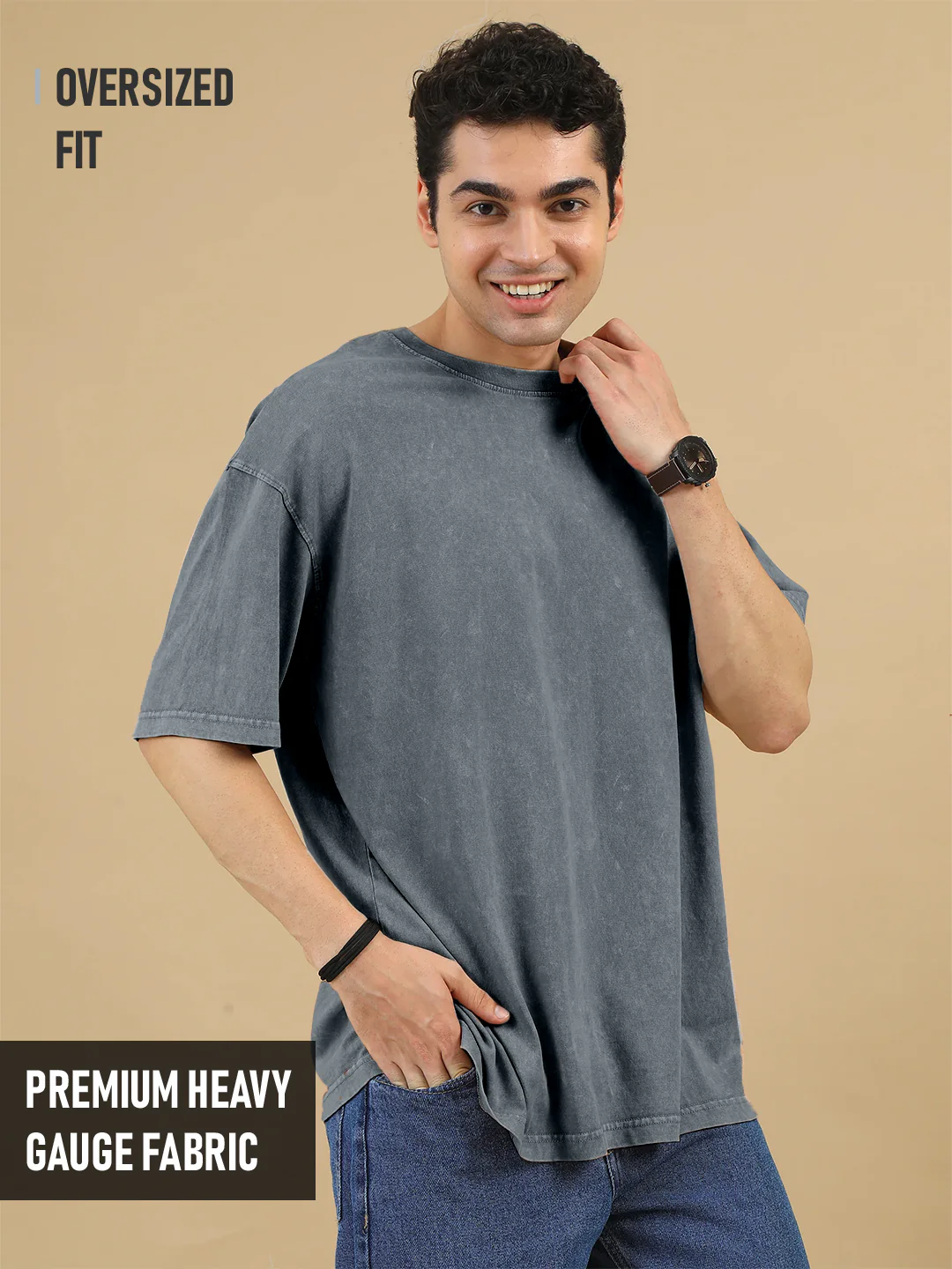 Plain Acid Wash Oversized T-Shirt - Steel Grey