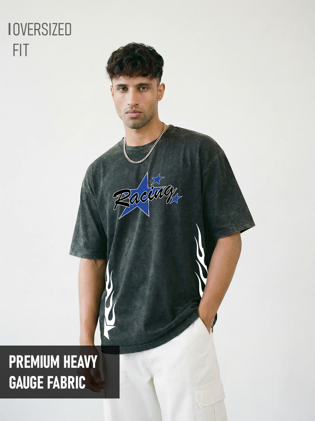 Racing Acid Wash Graphic Printed Oversized T-Shirt - Black