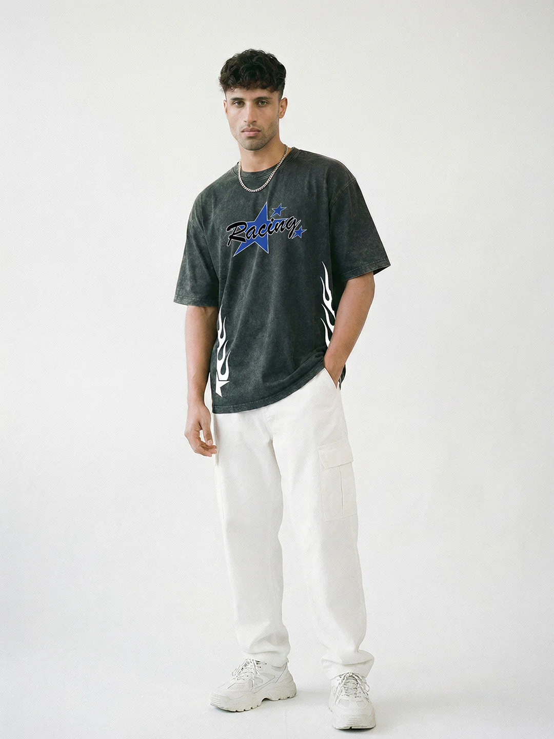 Racing Acid Wash Graphic Printed Oversized T-Shirt - Black - Image 3