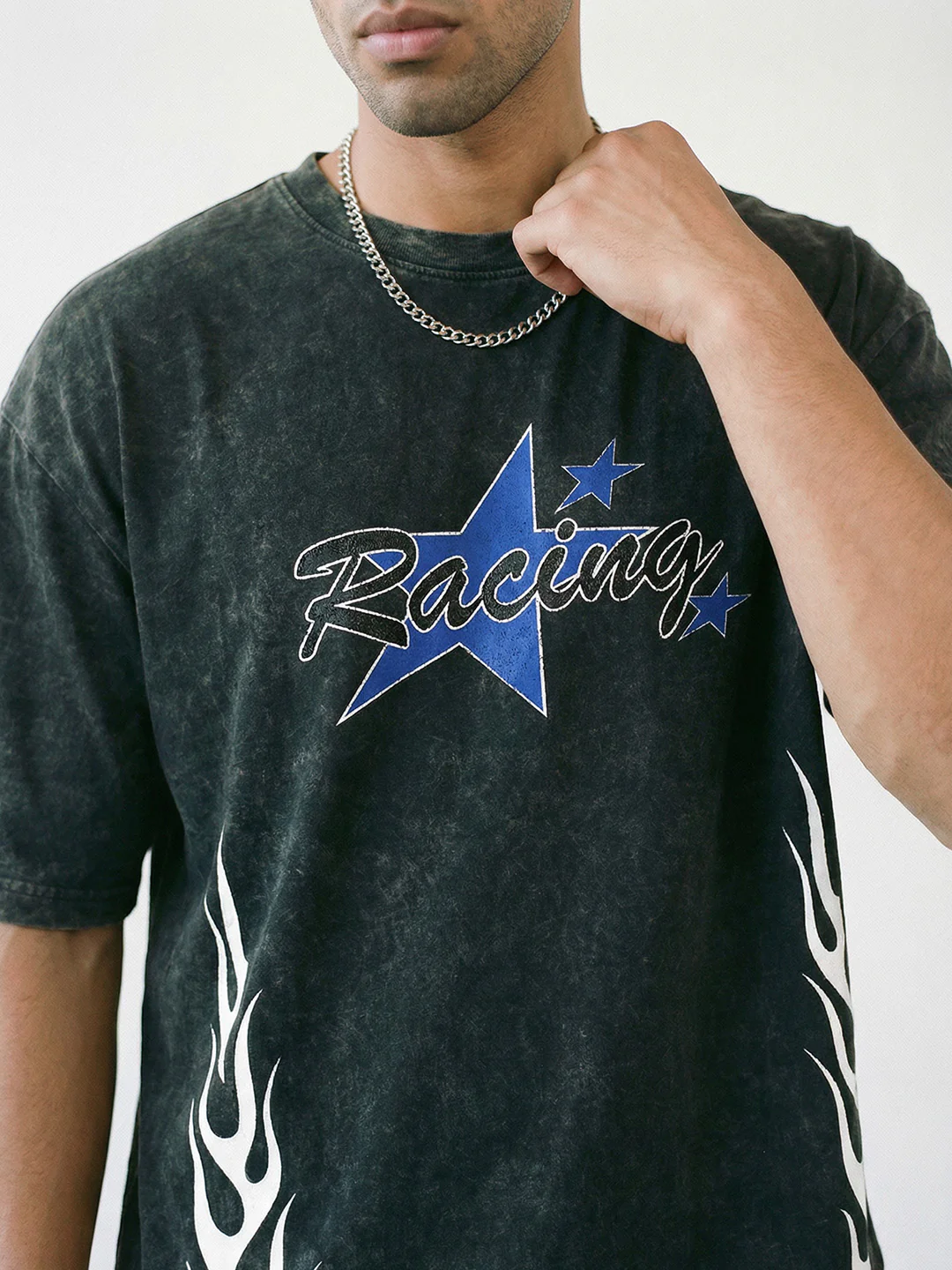 Racing Acid Wash Graphic Printed Oversized T-Shirt - Black - Image 4
