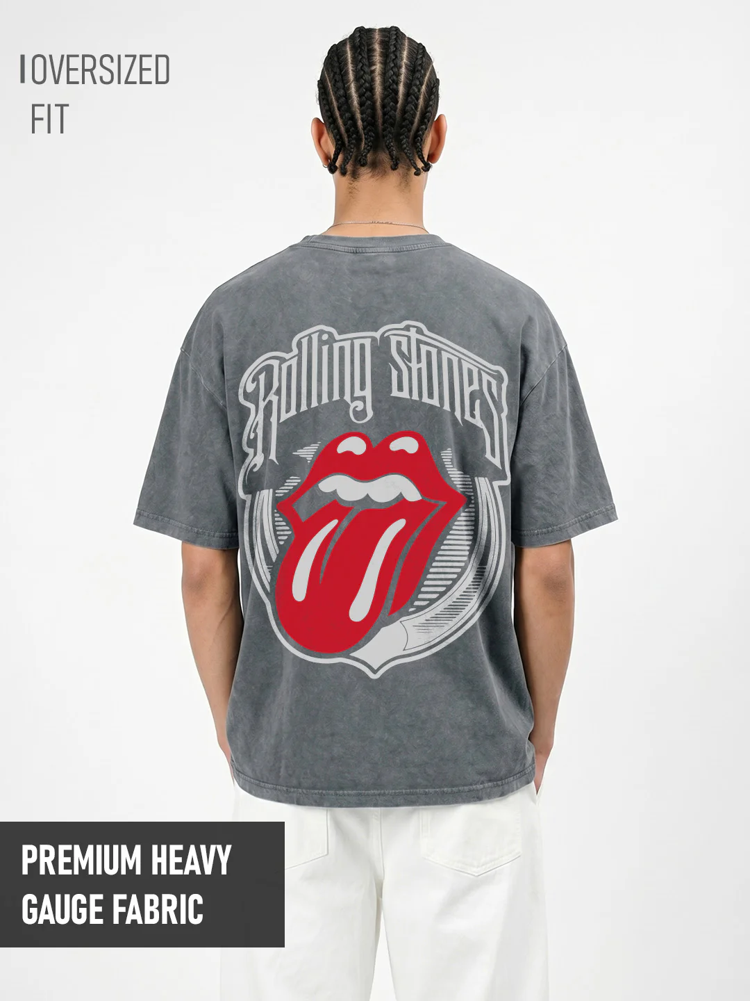 Rolling Stone Acid Wash Graphic Printed Oversized T-Shirt - Steel Grey