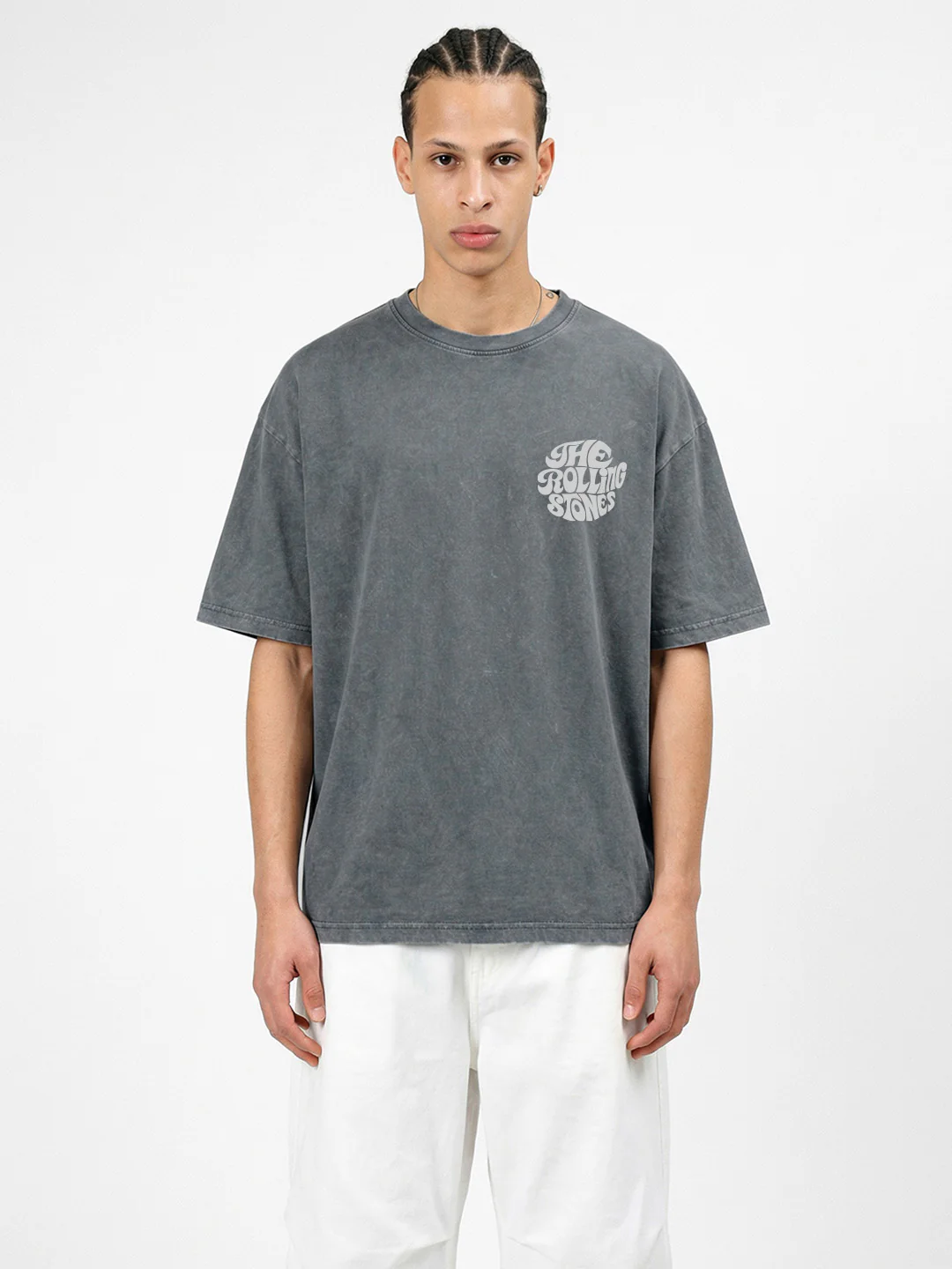 Rolling Stone Acid Wash Graphic Printed Oversized T-Shirt - Steel Grey - Image 2