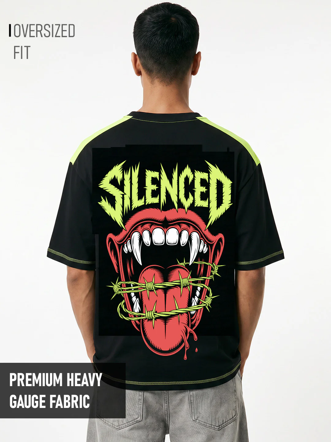 Silenced Oversized T-Shirt - Contrast 5 Thread Black & F.Green