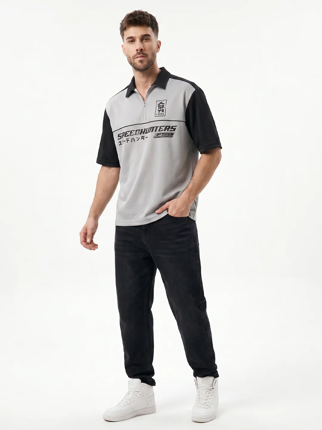 Polo - Speed Hunters Oversized Polo T-Shirt - Black & Lt.Grey - Image 3