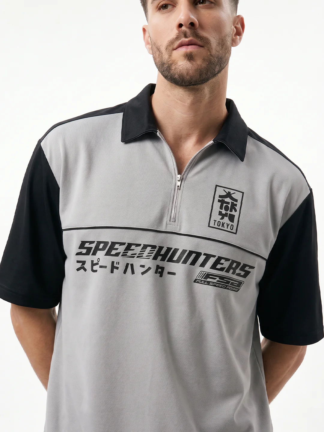 Polo - Speed Hunters Oversized Polo T-Shirt - Black & Lt.Grey - Image 4