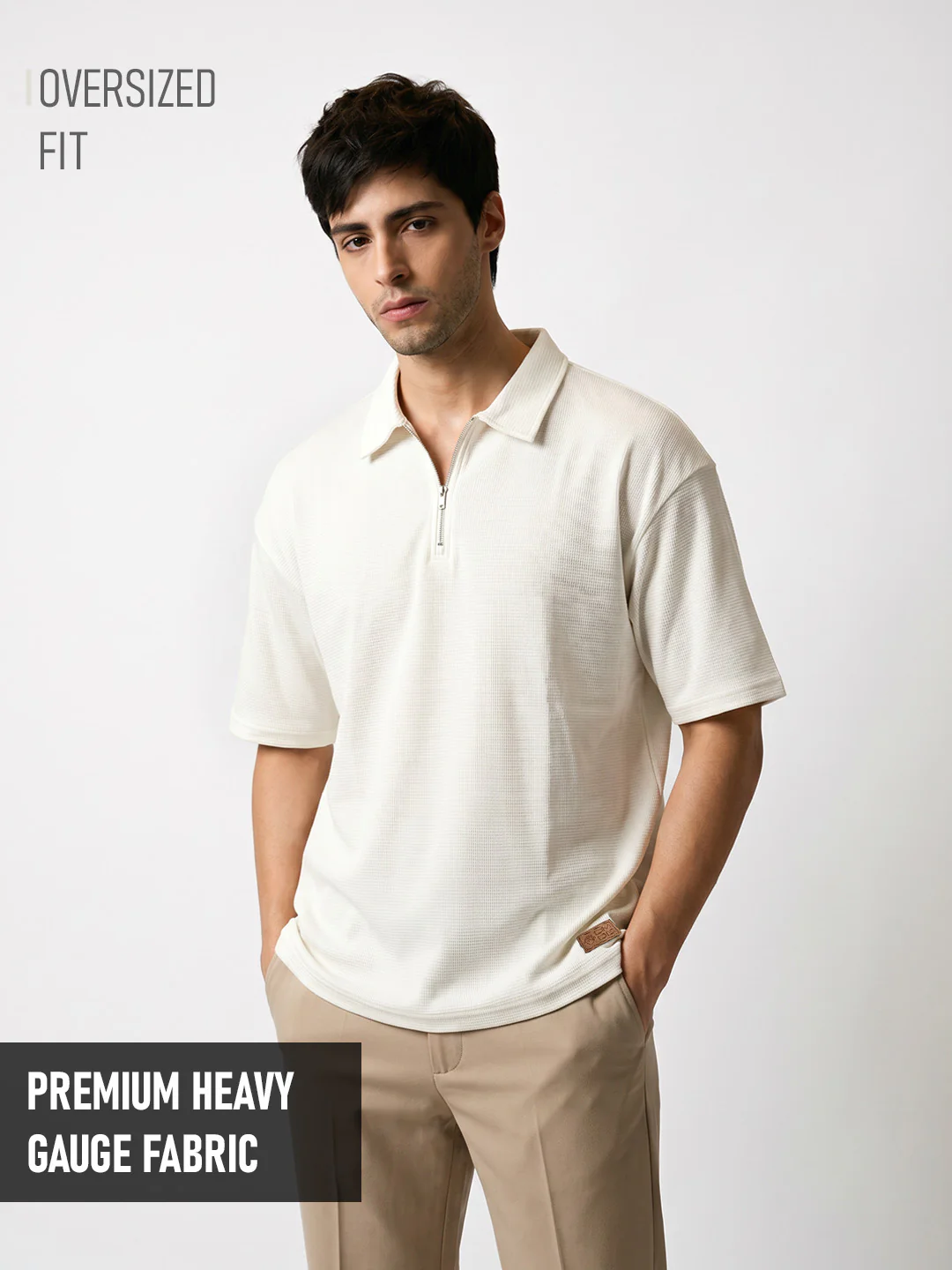 Street Calm Zipper Oversized Polo T-Shirt - Off White