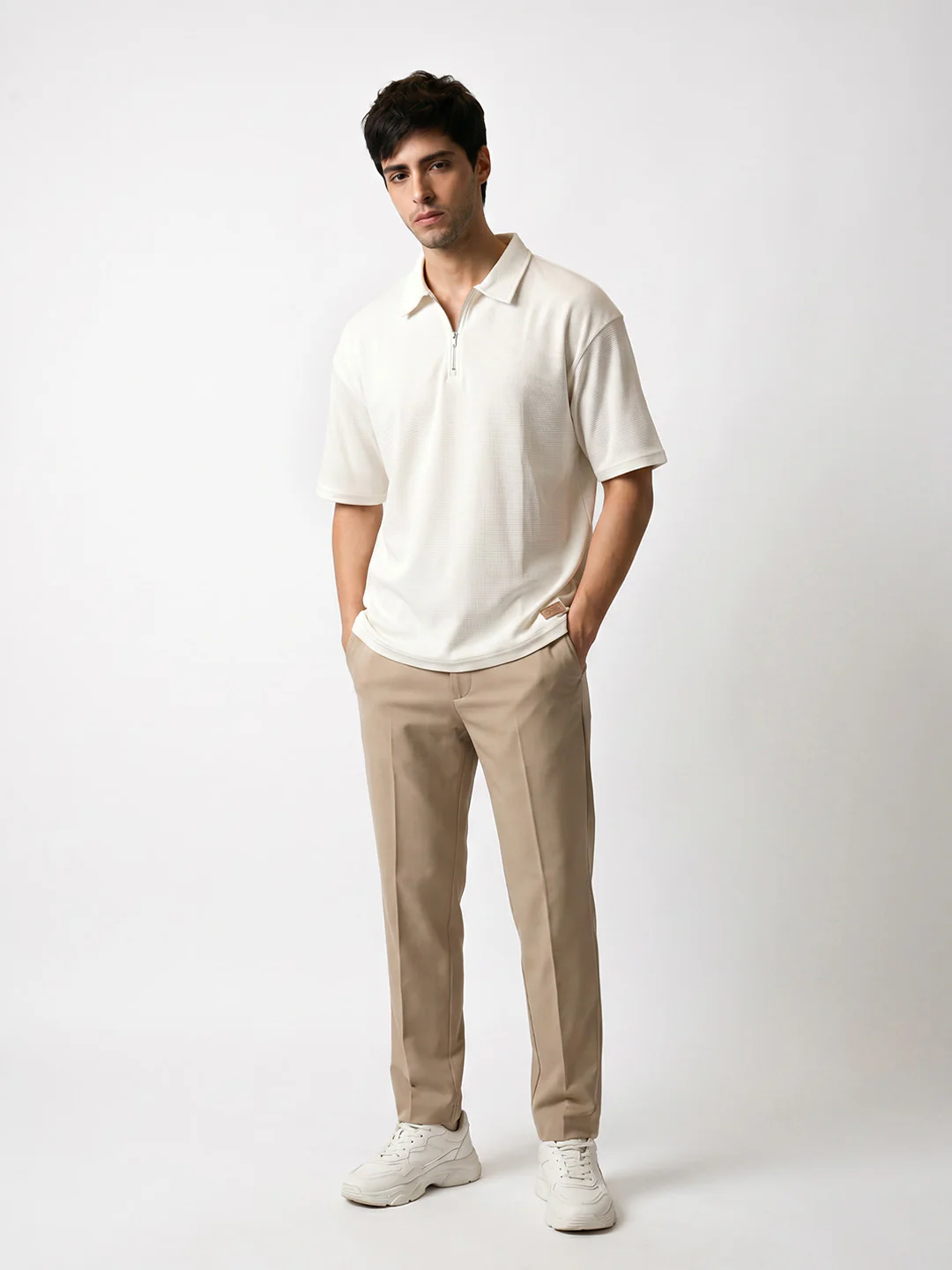 Street Calm Zipper Oversized Polo T-Shirt - Off White - Image 3