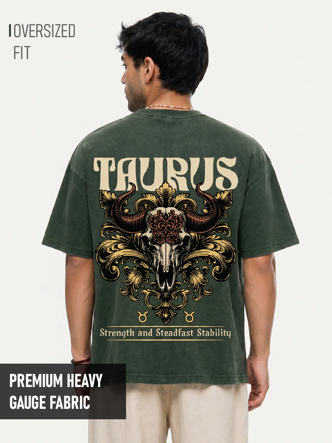 Taurus Zodiac Acid Wash Graphic Printed Oversized T-Shirt - Green
