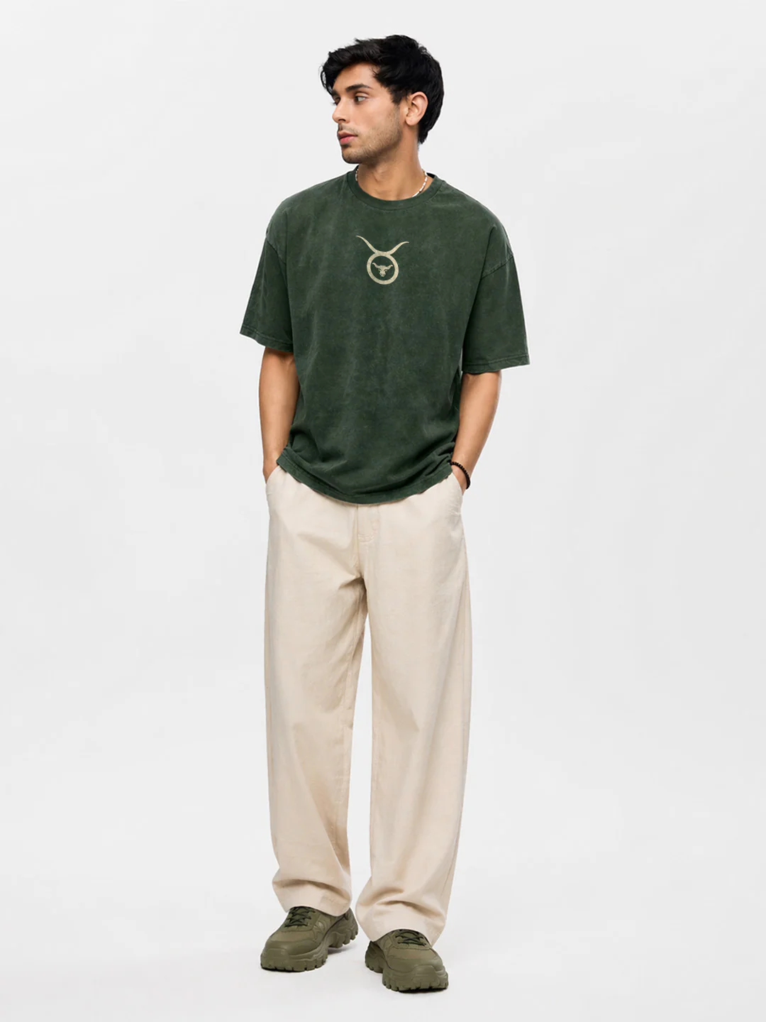 Taurus Zodiac Acid Wash Graphic Printed Oversized T-Shirt - Green - Image 3