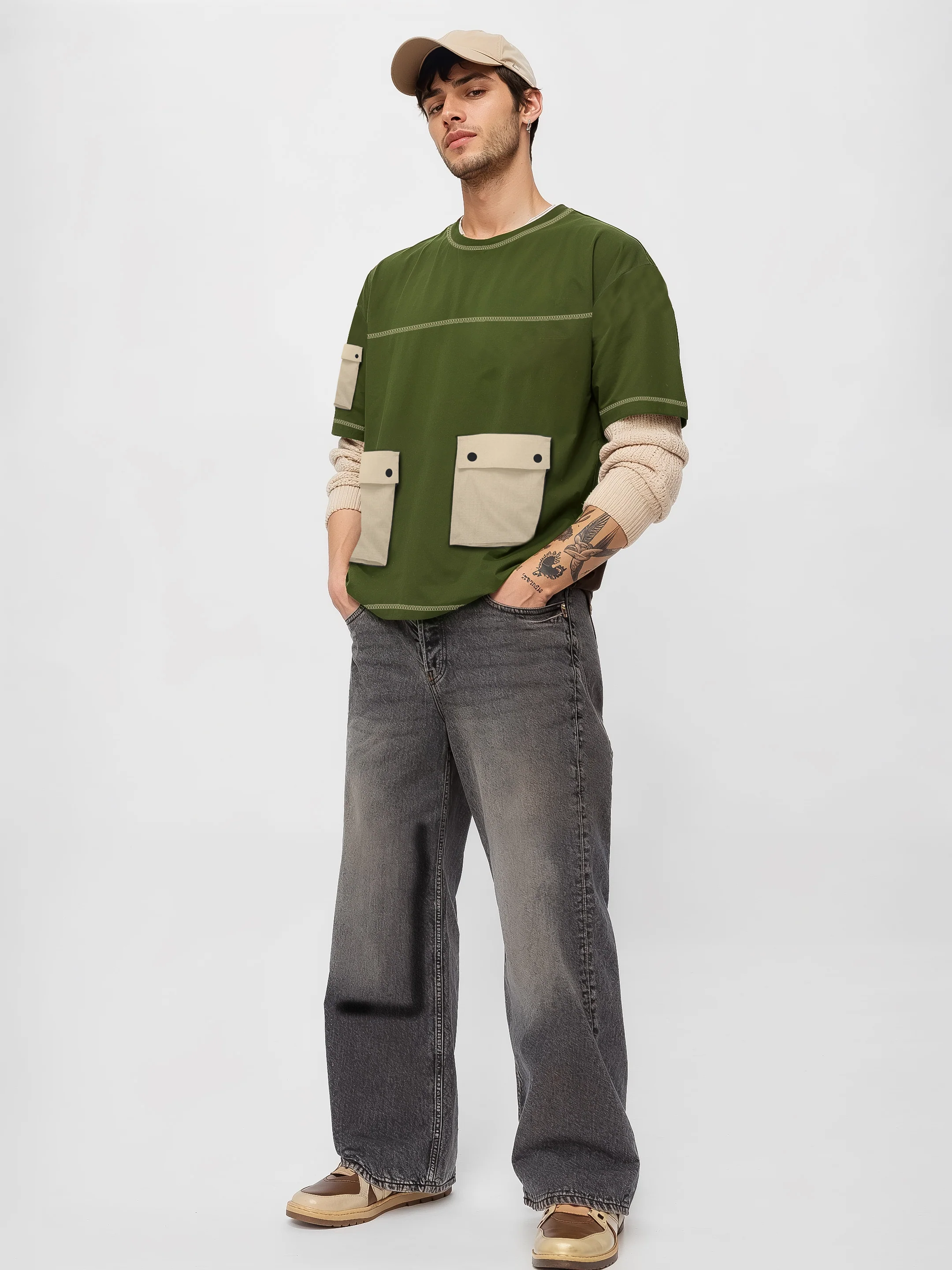 Utility Pocket Oversized T-Shirt - Olive Green - Image 3