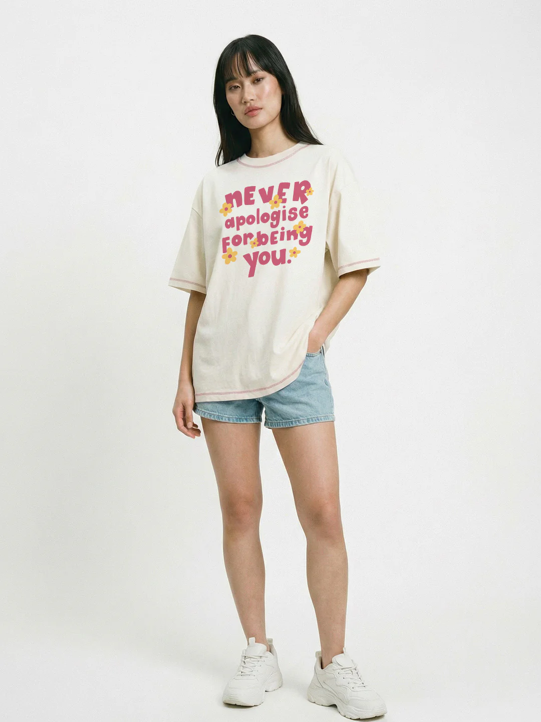 Never Apologise For Being You Women's Oversized T-Shirt - Off White 5 Thread - Image 3