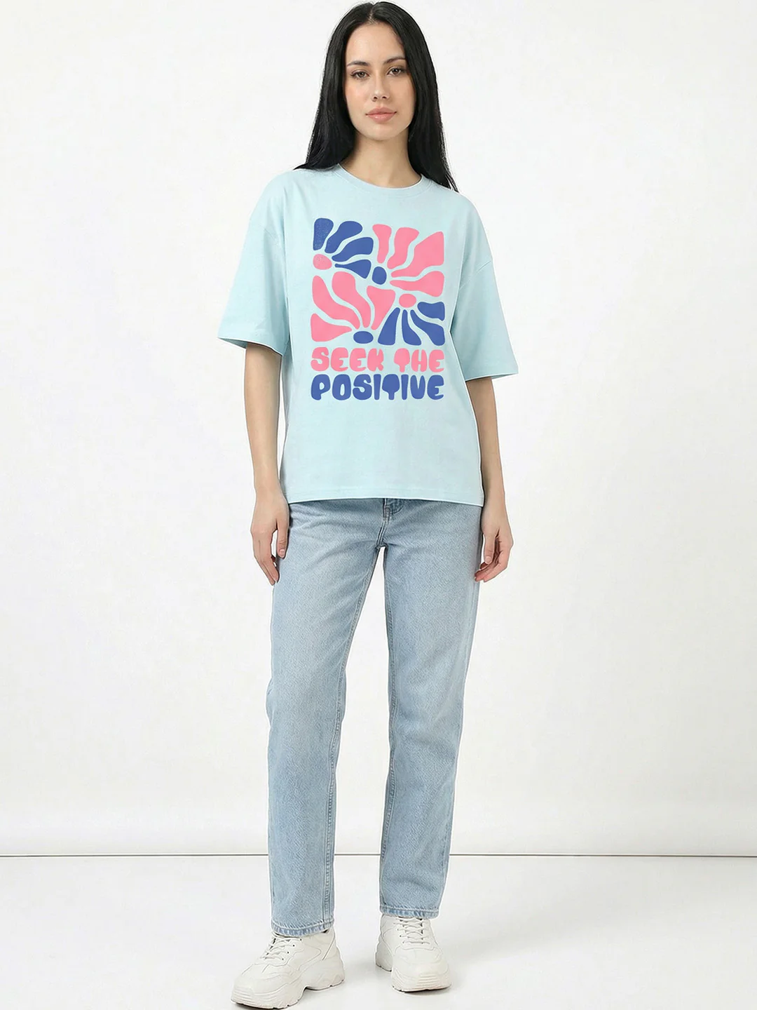 Seek the Positive Women Oversized T-Shirt - Sea Blue - Image 3