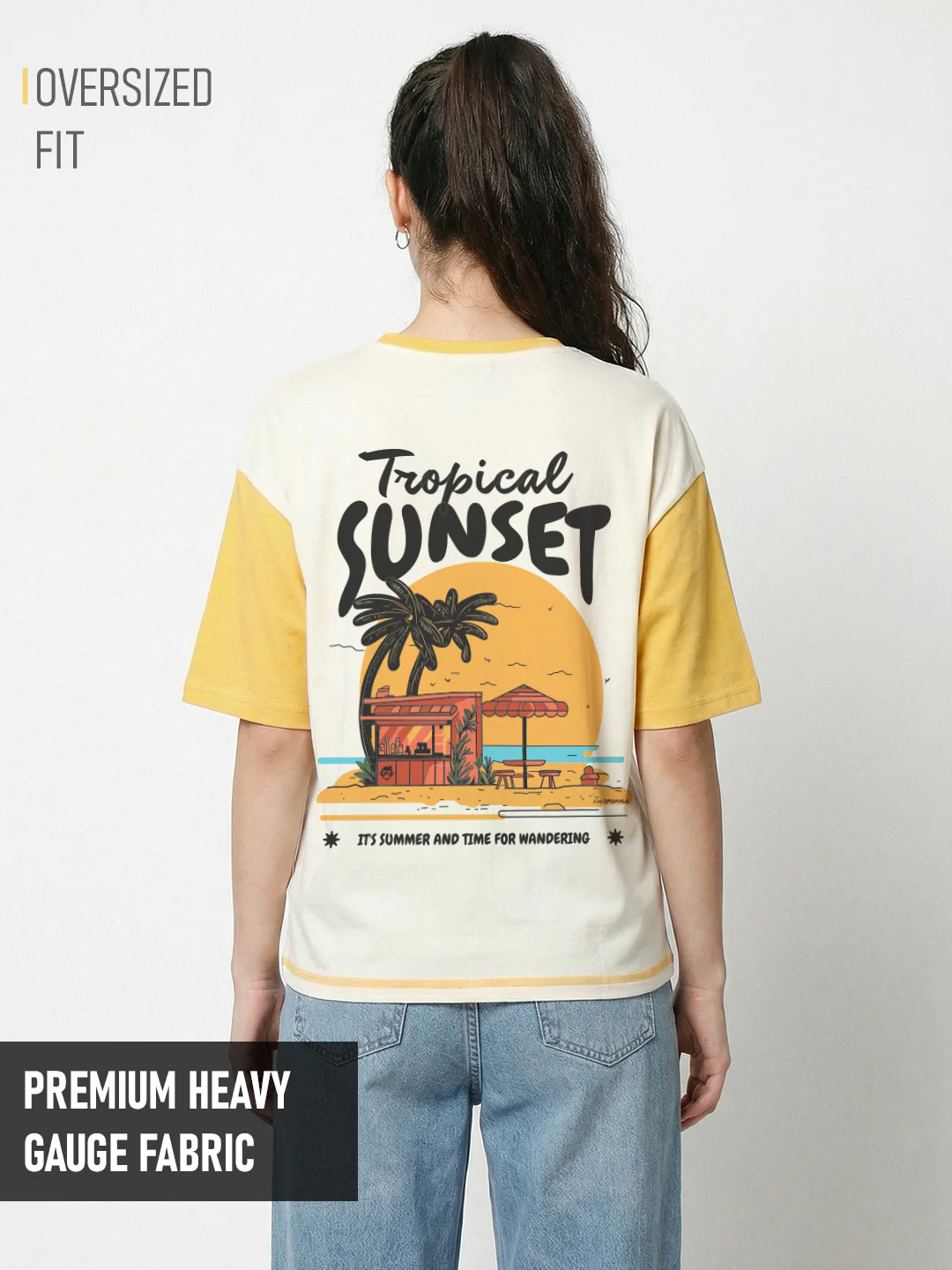 Tropical Vibes Women's Oversized T-Shirt - Off White/Golden Yellow
