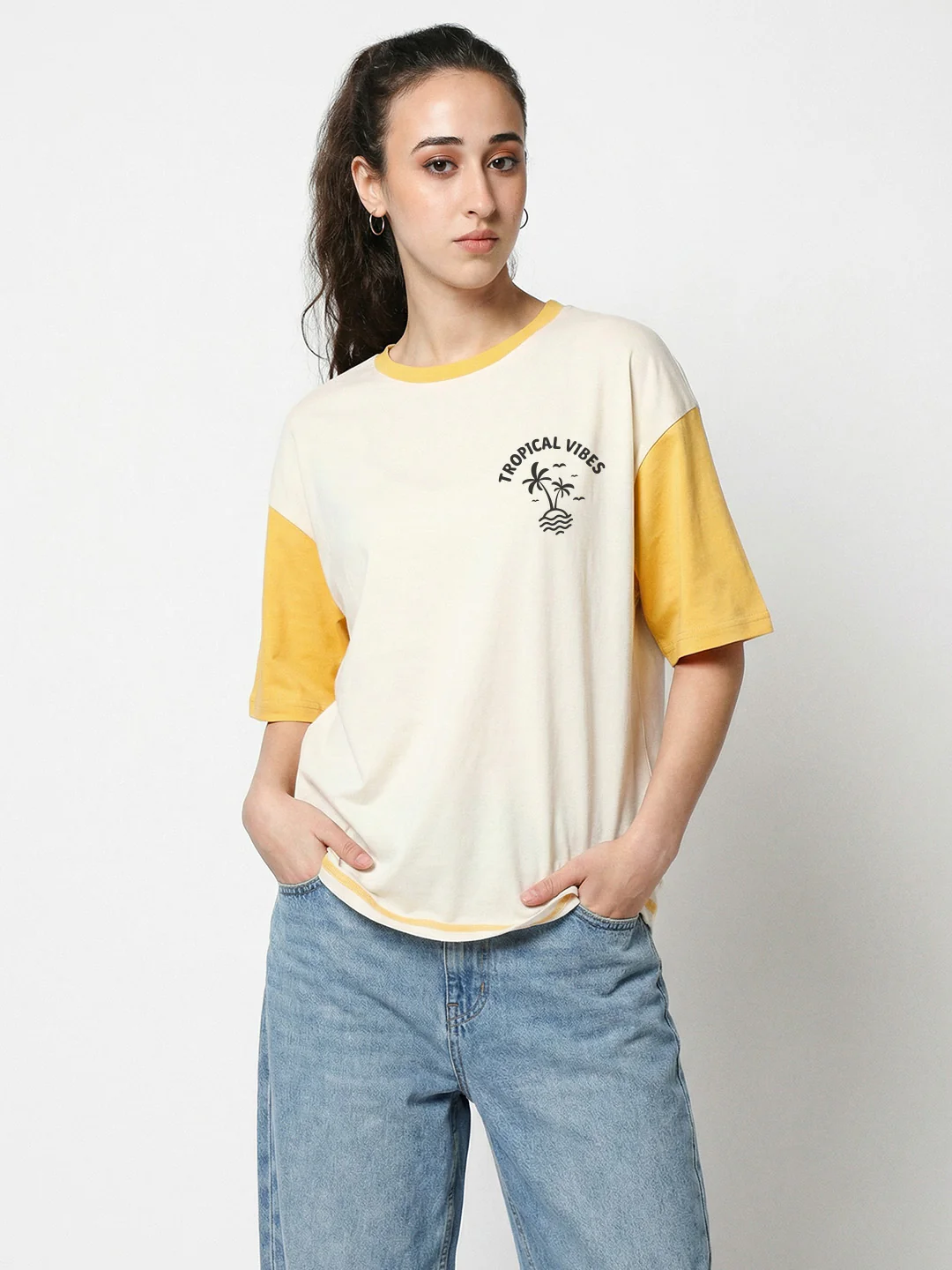 Tropical Vibes Women's Oversized T-Shirt - Off White/Golden Yellow - Image 2